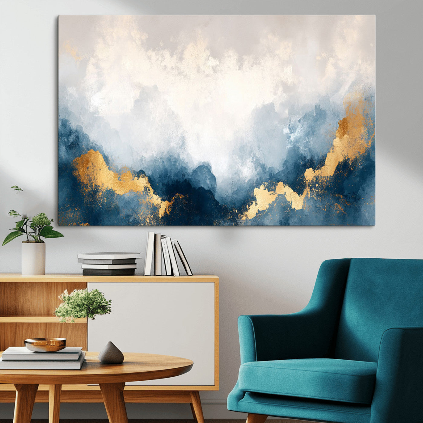 14578-MGV-CV-36X24-Abstract Wall Art – Modern Canvas Print Featuring Blue and White Clouds with Golden Accents, Contemporary Elegant Artwork for