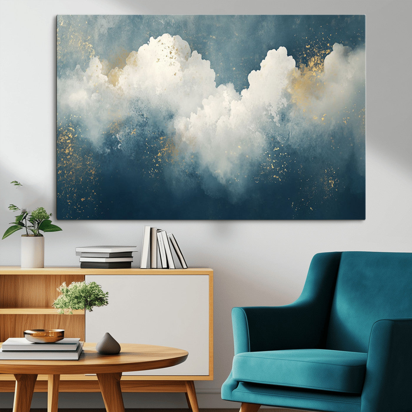 75131-MGV-CV-36X24-Abstract Cloud Wall Art – Modern Canvas Print Featuring Blue and White Clouds with Golden Accents, Contemporary Artwork for Living