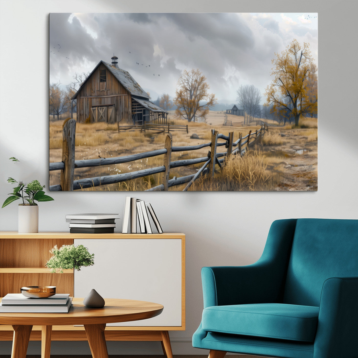 Farm1-MGV-CV-36X24-Rustic Autumn Farmhouse Wall Art – Serene Countryside Scene Canvas Print, Weathered Barn and Autumn Trees Decor for Living Room,