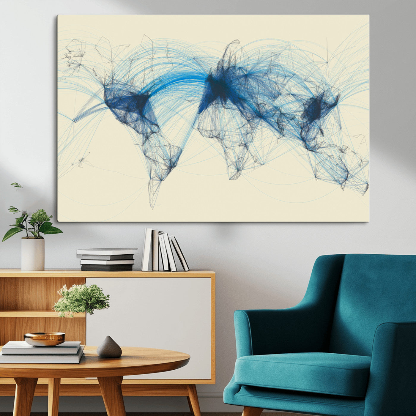 Map-Blue-Contract-MGV-CV-36X24-Abstract World Map Wall Art – Modern Blue Line Network Style Canvas Print, Contemporary Global Artwork for Living Room, Bedroom,