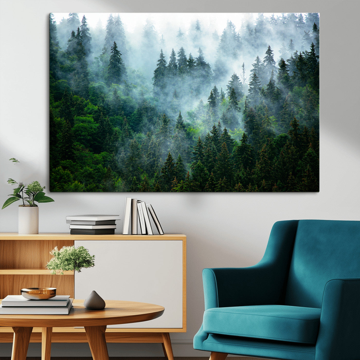 17393683-MGV-CV-36X24-Misty Forest Art Wall Art Canvas Print, Framed Foggy Mountain Art Art Picture Print, Scenic Wall Print Perfect Decor Artwork