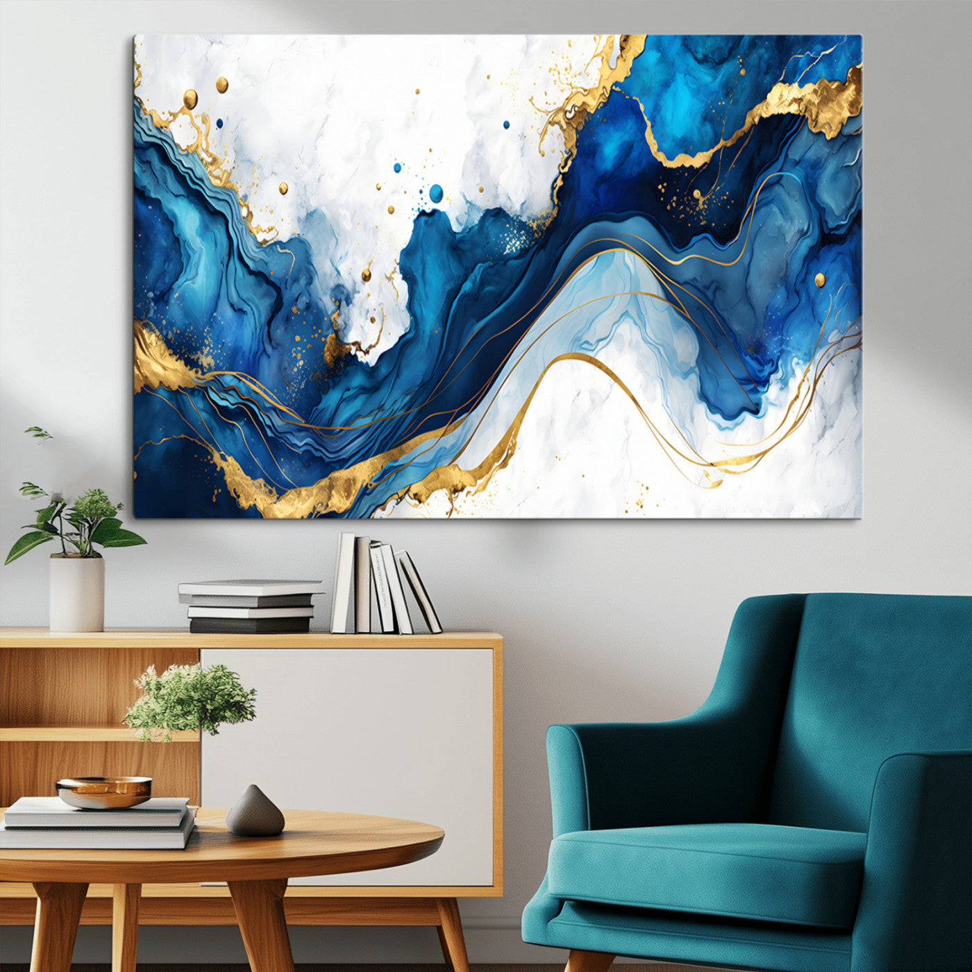 33506371-MGV-CV-36X24-Blue Marble Wall Art Canvas Print, Framed Gold Splash Art Picture Print, Abstract Wave Perfect Modern Luxe Decor Artwork