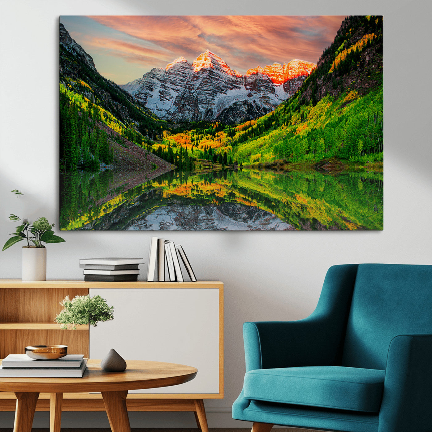 59533484-MGV-CV-36X24-Maroon Bells Autumn Wall Art – Panoramic Mountain Landscape Canvas Print, Sunset Reflection Nature Artwork for Living Room, Office