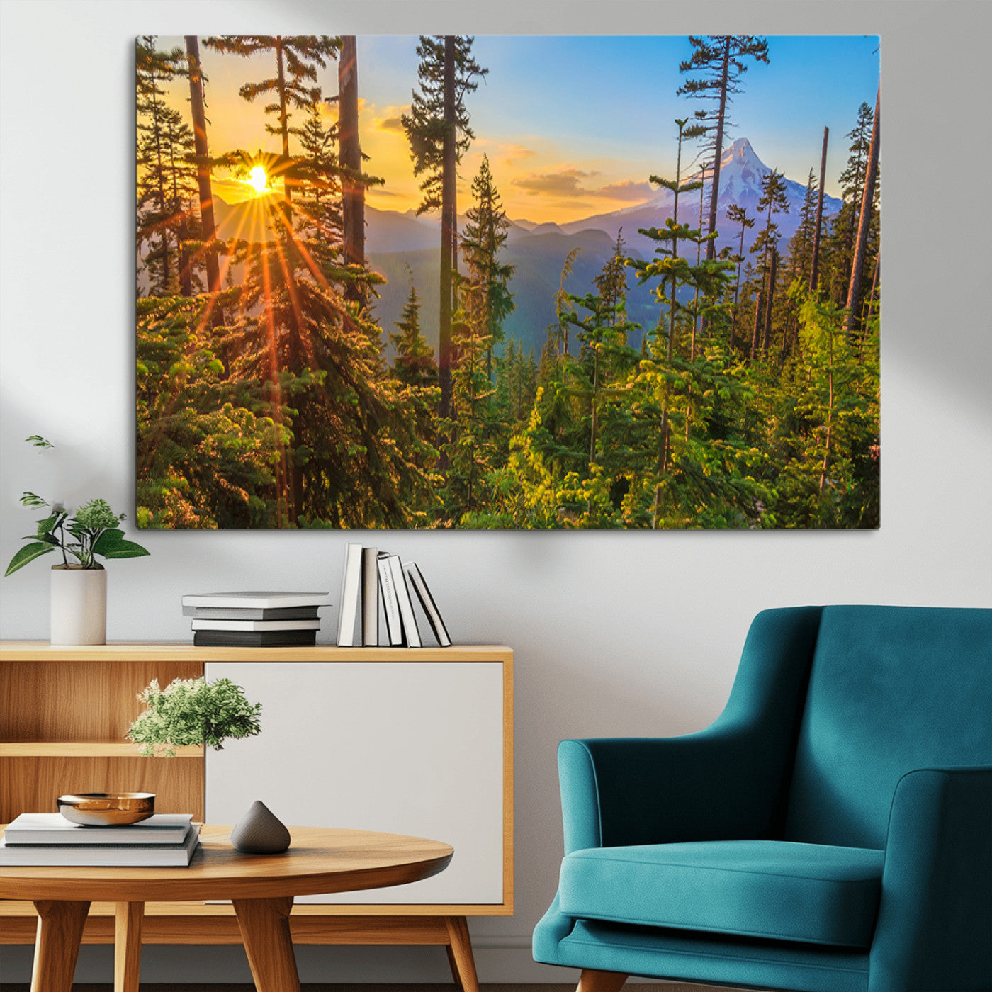 83544043-MGV-CV-36X24-Forest Sunset Wall Art Canvas Print, Framed Sunset Trees Art Picture Print, Green Pines Perfect Rustic Nature Decor Artwork