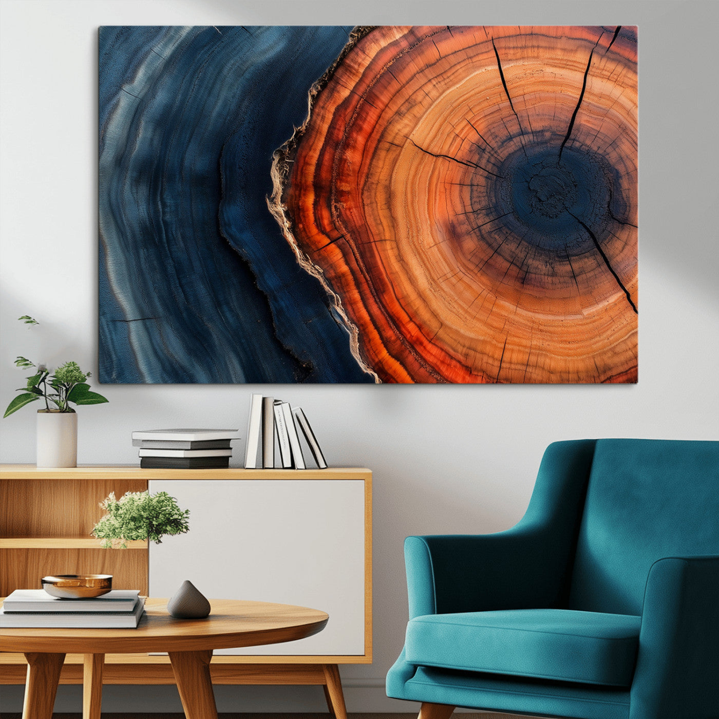 57732250-MGV-CV-36X24-Tree Ring Abstract Wall Art – Blue Orange Wood Grain Canvas Print, Modern Rustic Nature Artwork for Living Room, Office,