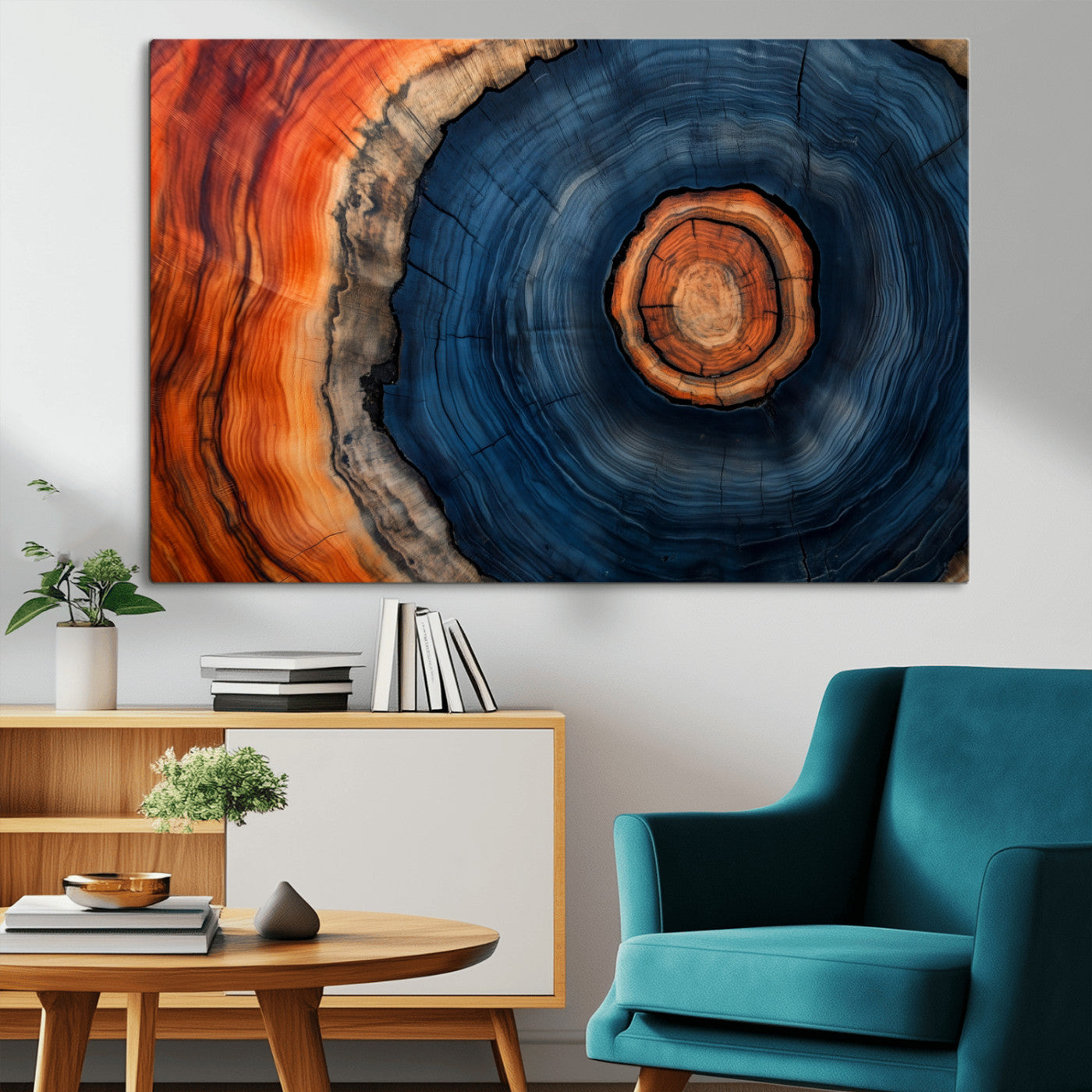 72209152-MGV-CV-36X24-Abstract Tree Ring Wall Art – Vibrant Blue Orange Wood Grain Canvas Print, Rustic Modern Nature Artwork for Living Room, Office,