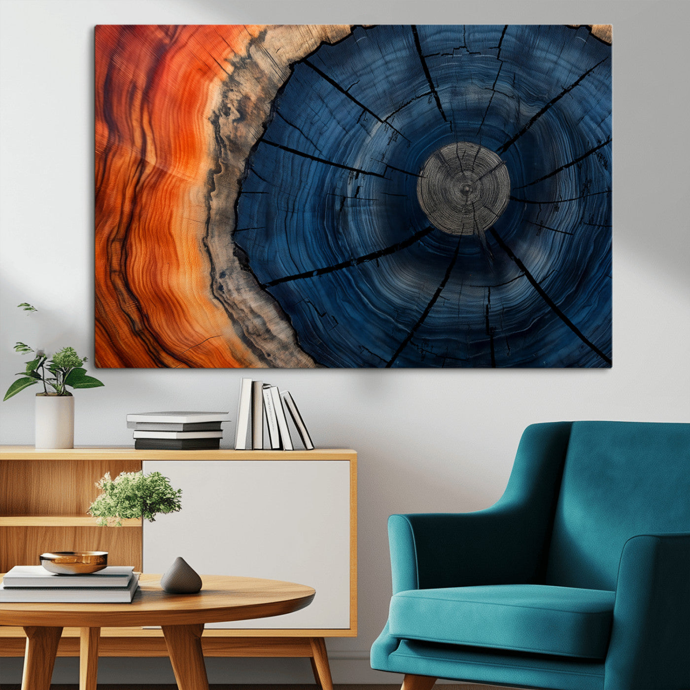 26110607-MGV-CV-36X24-Blue and Orange Tree Ring Wall Art – Abstract Wood Cross Section Canvas Print, Modern Rustic Nature Decor for Living Room, Office,