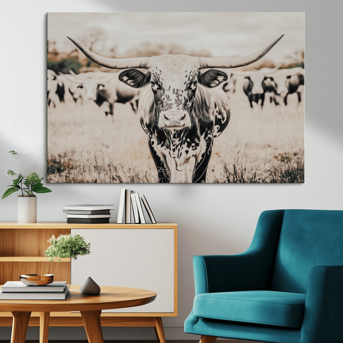 27497342-MGV-CV-36X24-Texas Longhorn Wall Art Canvas Print, Framed Speckled Cow Art Picture Print, Horned Cattle Perfect Rustic Western Decor Artwork