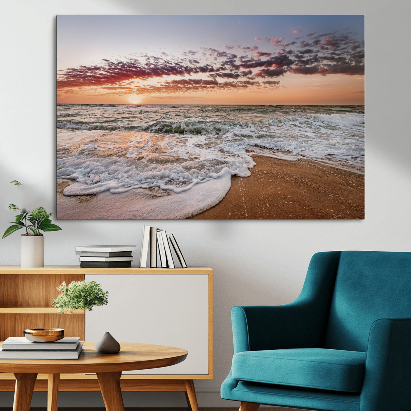 39846389-MGV-CV-36X24-Ocean Sunset Wall Art Canvas Print, Framed Sandy Shore Art Picture Print, Gentle Waves Perfect Minimalist Coastal Decor Artwork