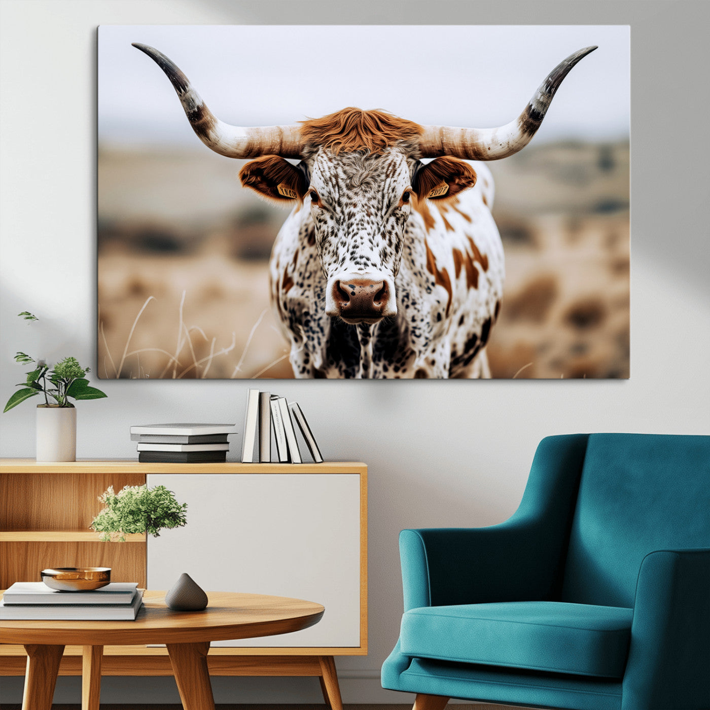 76294381-MGV-CV-36X24-Texas Longhorn Wall Art Canvas Print, Framed Spotted Cow Art Picture Print, Horned Cattle Perfect Rustic Western Decor Artwork