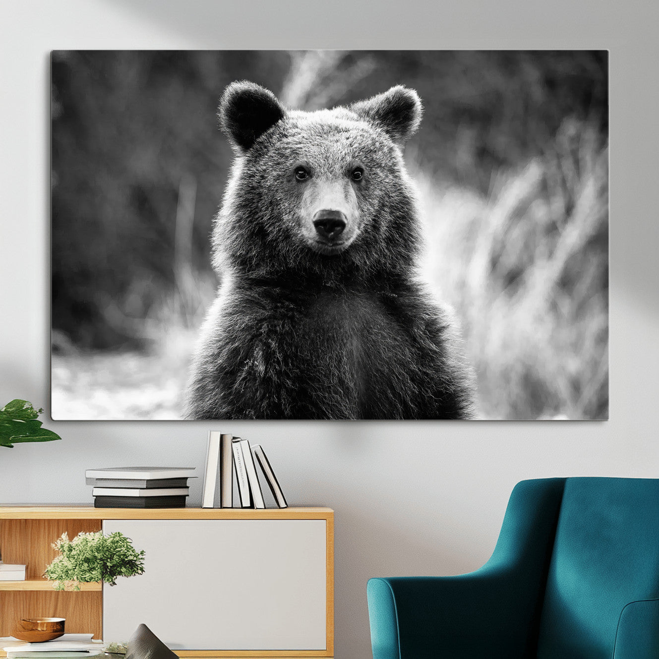 MGV-CV-36X24 - Grizzly Bear Wall Art Canvas Print, Framed Black White Bear Art Picture Print, Wild Bear Perfect Rustic Wildlife Decor Artwork