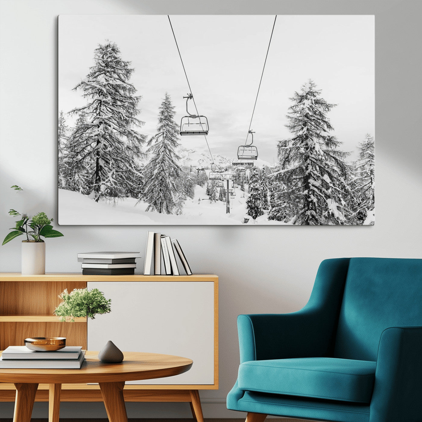 55003599-MGV-CV-36X24-Snowy Ski Lift Wall Art Canvas Print, Framed Winter Forest Art Picture Print, Ski lift Ride Perfect Winter Lodge Decor Artwork