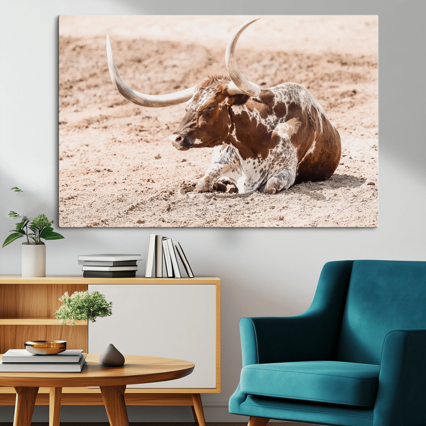 91248682-MGV-CV-36X24-Texas Longhorn Wall Art Canvas Print, Framed Resting Bull Art Picture Print, Spotted Cattle Perfect Rustic Western Decor Artwork