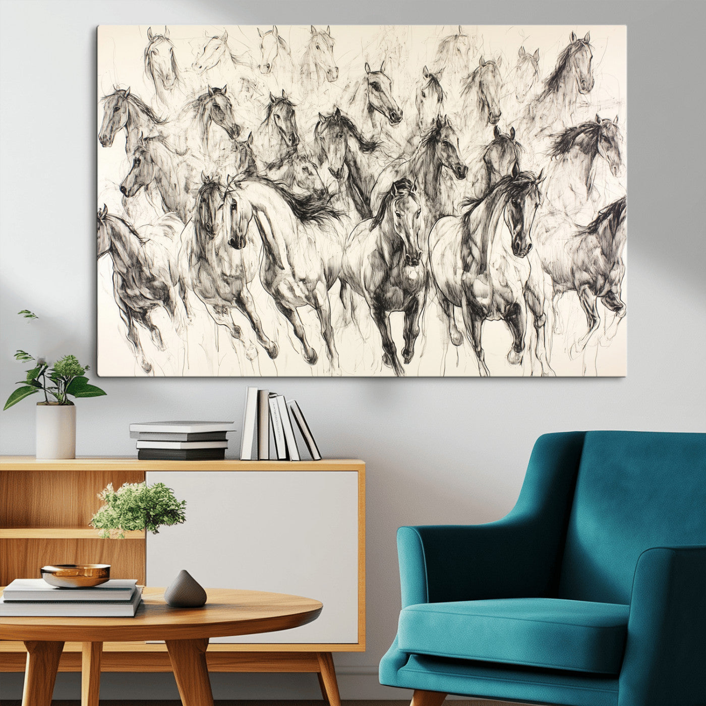 19433417-MGV-CV-36X24-Running Horses Wall Art Canvas Print, Framed Horse Sketch Art Picture Print, Galloping Herd Perfect Monochrome Western Decor