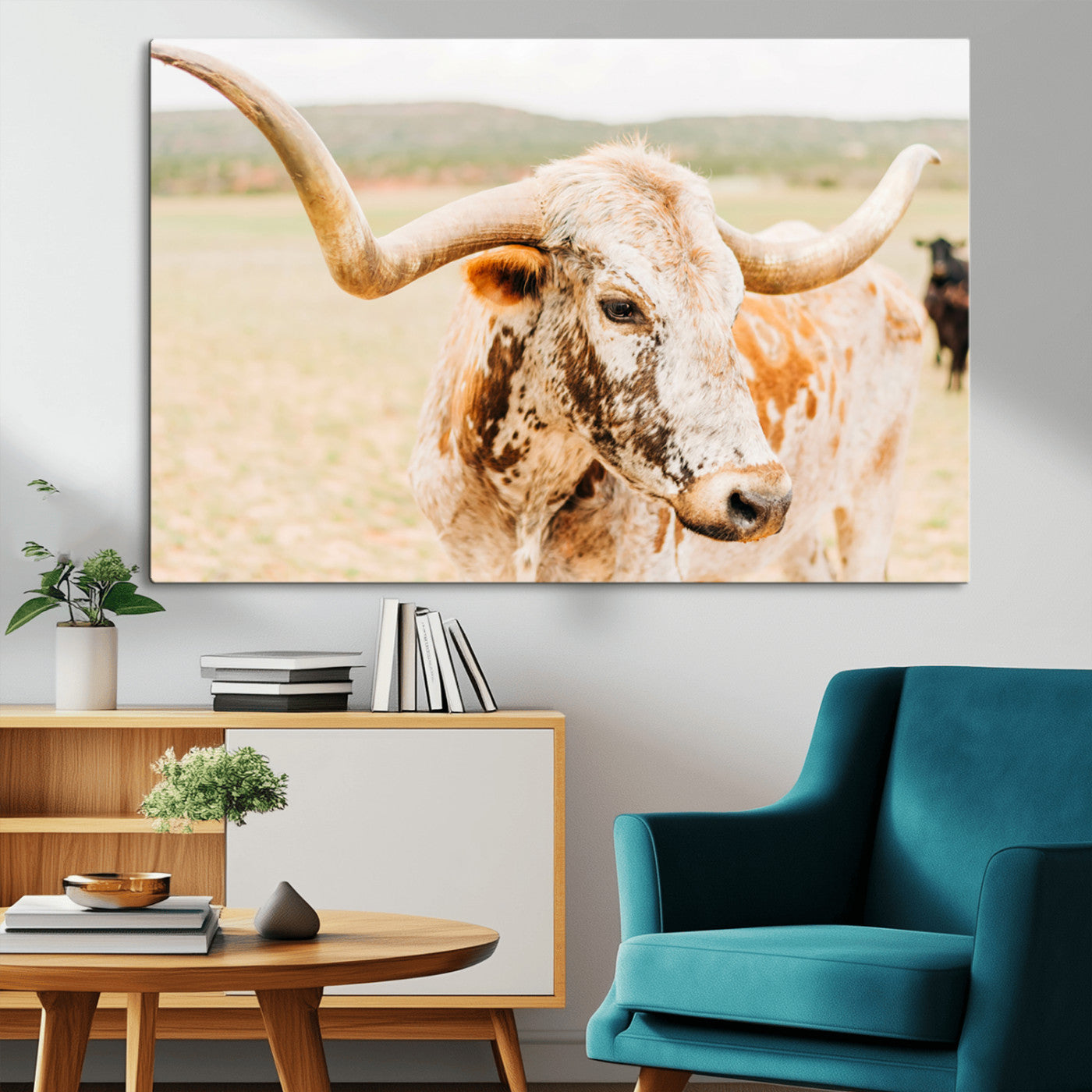 21060648-MGV-CV-36X24-Texas Longhorn Wall Art Canvas Print, Framed Speckled Cow Art Picture Print, Rustic Bull Perfect Rustic Western Decor Artwork
