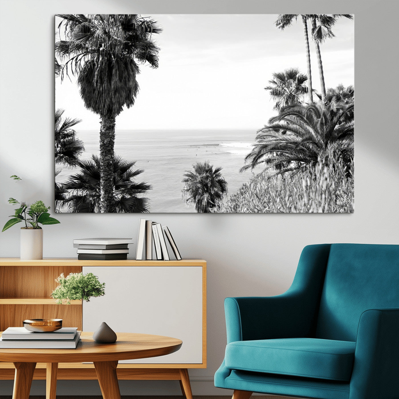 89458520-MGV-CV-36X24-Palm Trees Wall Art Canvas Print, Framed Coastal View Art Picture Print, Ocean Horizon Perfect Monochrome Coast Decor Artwork