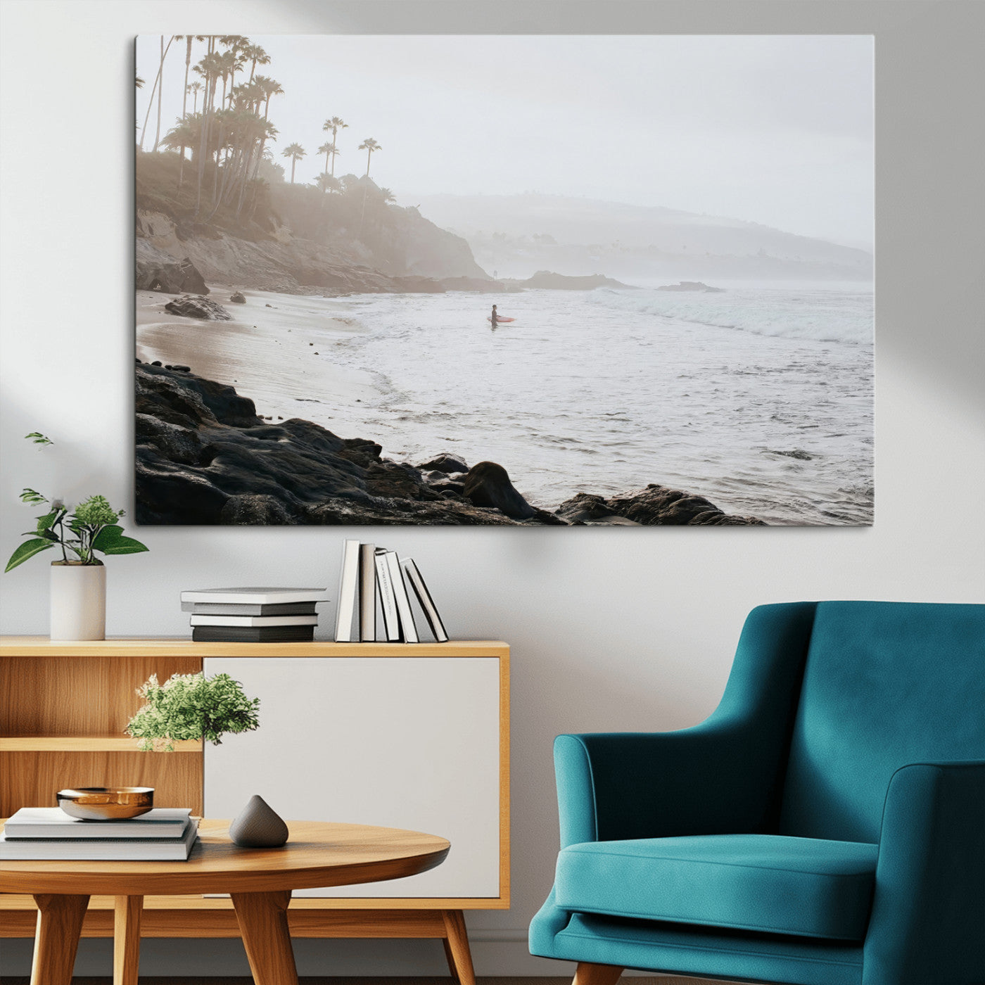 62501405-MGV-CV-36X24-Misty Beach Wall Art Canvas Print, Framed California Surfer Art Picture Print, Coastal Cliff Perfect Coastal Beach Decor Artwork