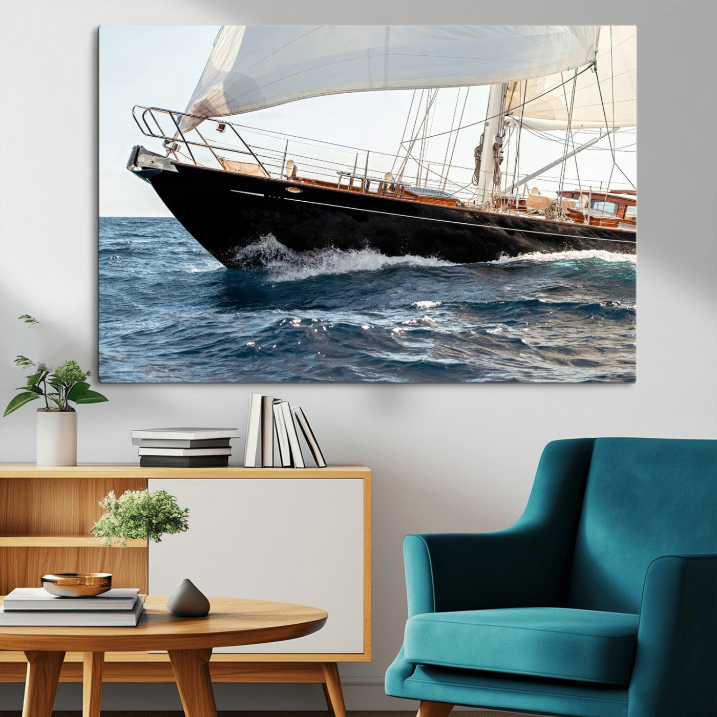 97168626-MGV-CV-36X24-Sailing Yacht Wall Art Canvas Print, Framed Wooden Yacht Art Picture Print, Ocean Waves Perfect Nautical Coastal Decor Artwork