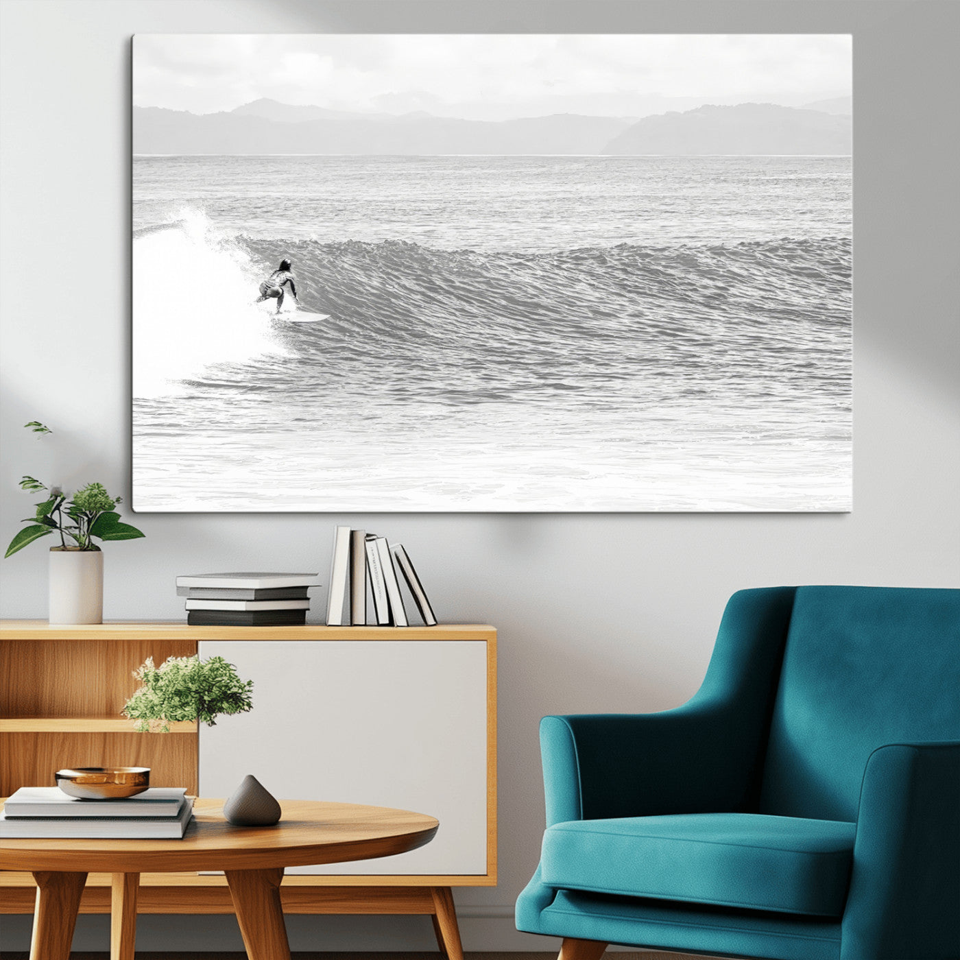 81535128-MGV-CV-36X24-Surfer Woman Wall Art Canvas Print, Framed Black Ocean Art Picture Print, Ocean Surfing Perfect Monochrome Coastal Decor Artwork
