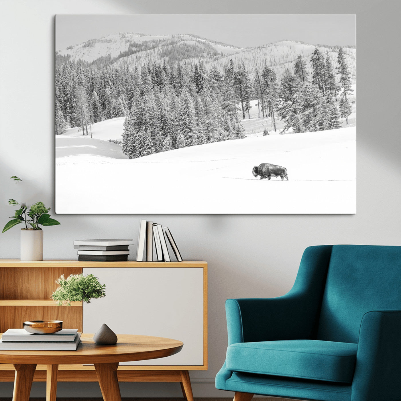68081143-MGV-CV-36X24-Snowy Bison Wall Art Canvas Print, Framed Winter Forest Art Picture Print, Lone Bison Perfect Monochrome Winter Wild Decor Artwork