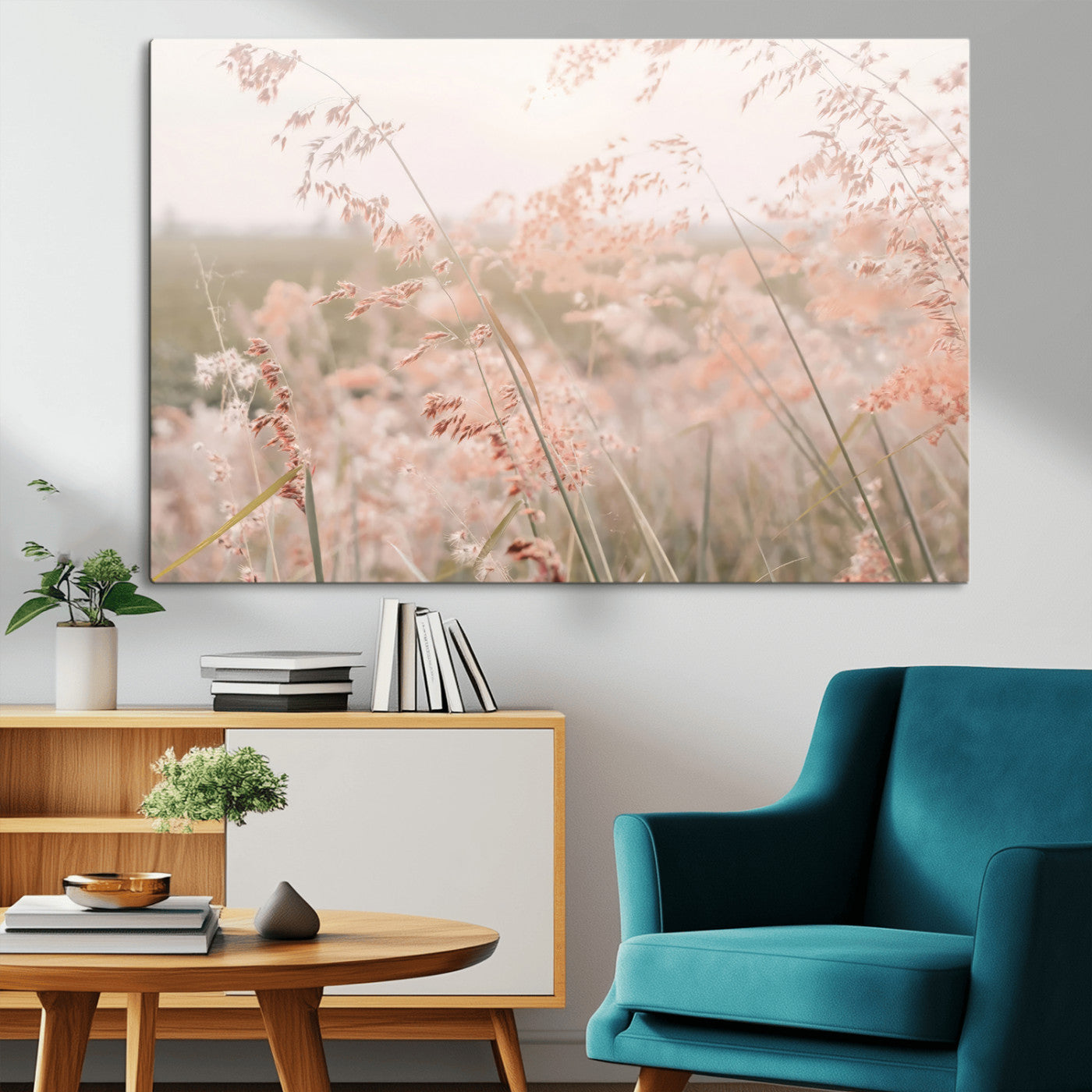 79164340-MGV-CV-36X24-Pastel Grasses Wall Art Canvas Print, Framed Soft Meadow Art Picture Print, Field in Breeze Perfect Pastel Minimal Decor Artwork