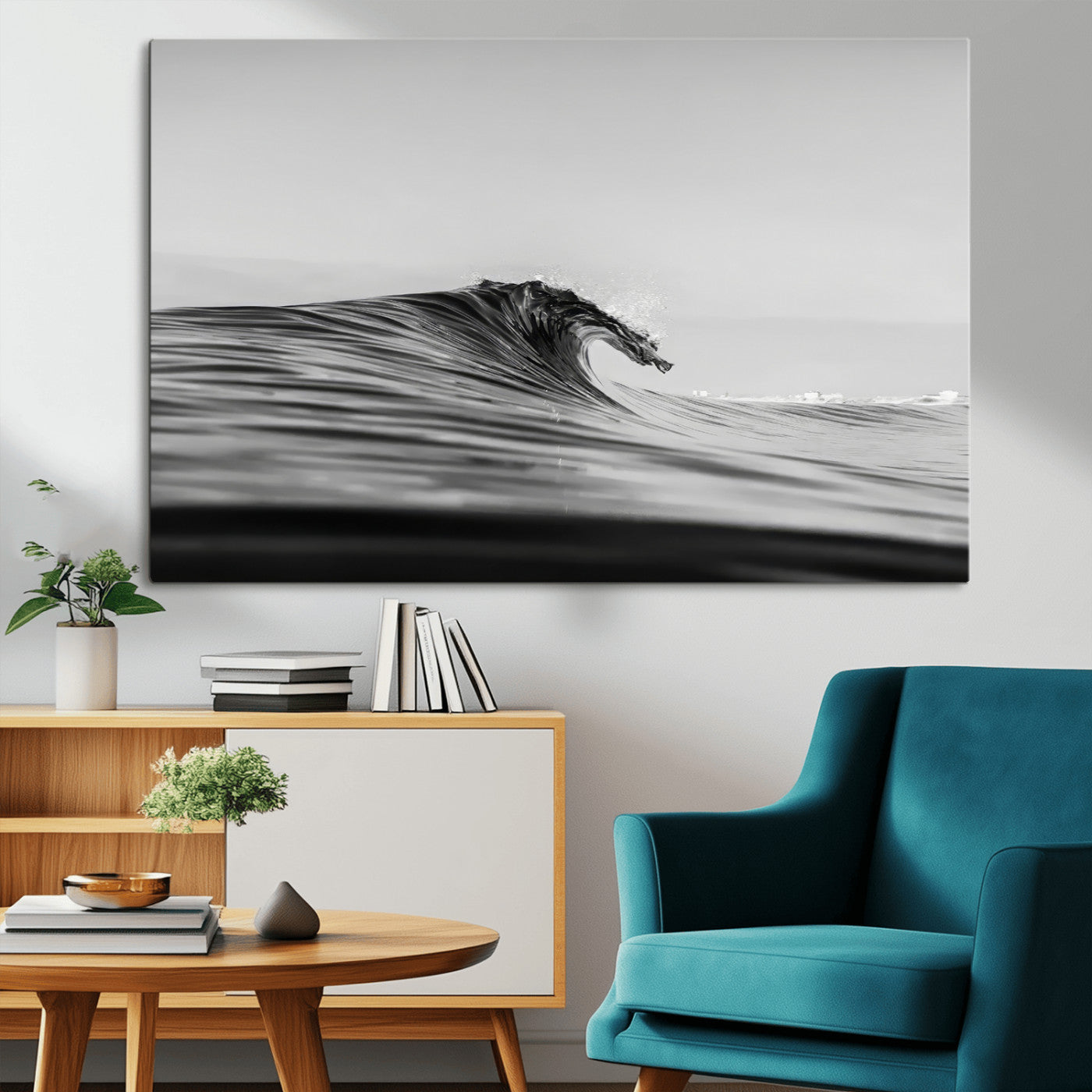 24029476-MGV-CV-36X24-Black Wave Wall Art Canvas Print, Framed Abstract Surf Art Picture Print, Minimalist Ocean Perfect Minimalist Coastal Decor