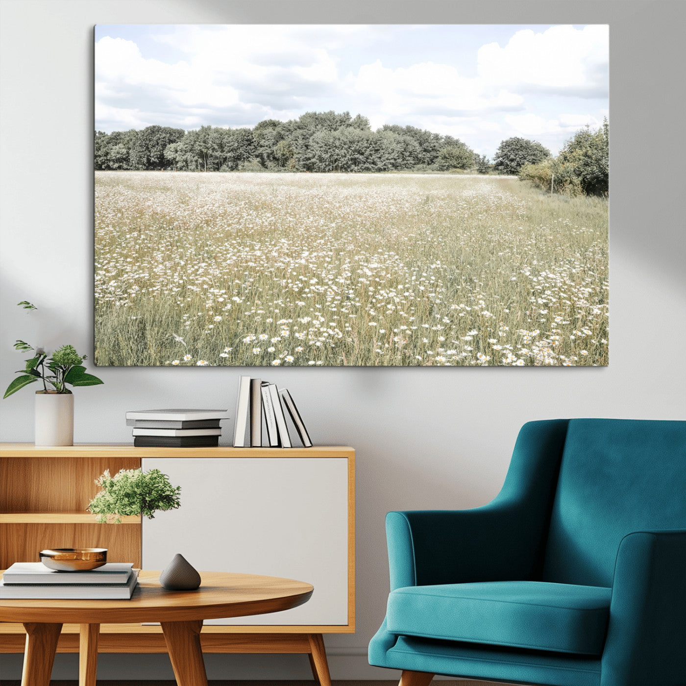 43258946-MGV-CV-36X24-Daisy Field Wall Art Canvas Print, Framed Pastel Flower Art Picture Print, Meadow Bloom Perfect Scandinavian Minimalist Decor