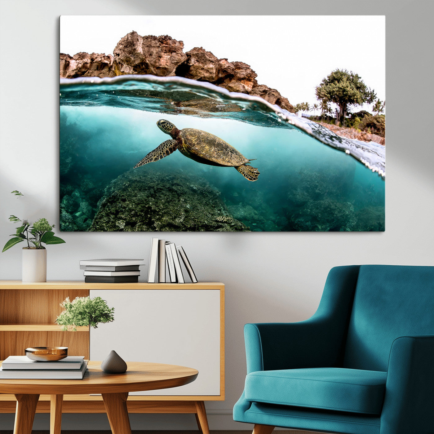 44200301-MGV-CV-36X24-Sea Turtle Swim Wall Art Canvas Print, Framed Ocean Life Art Picture Print, Tropical Shoreline Perfect Tropical Coastal Decor