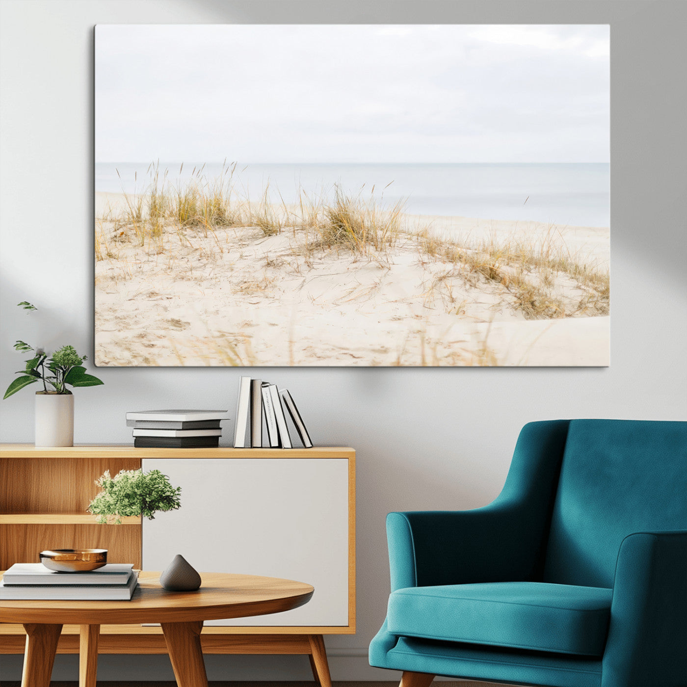 13146857-MGV-CV-36X24-Beach Dunes Wall Art Canvas Print, Framed Soft Horizon Art Picture Print, Coastal Grass Perfect Minimalist Coastal Decor Artwork