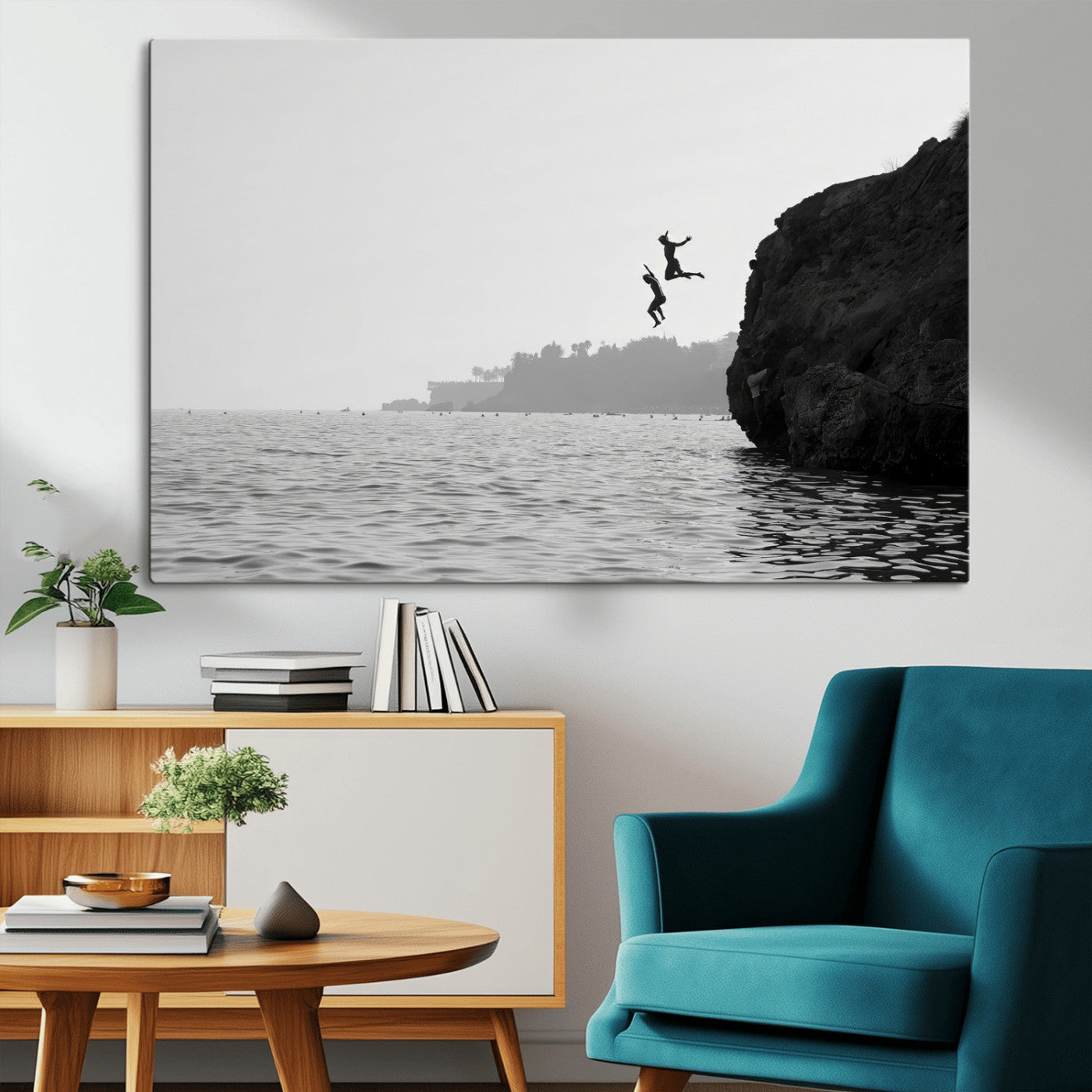 52284302-MGV-CV-36X24-Cliff Jumping Wall Art Canvas Print, Framed Ocean Adventure Art Picture Print, Black White Coast Perfect Modern Coastal Decor