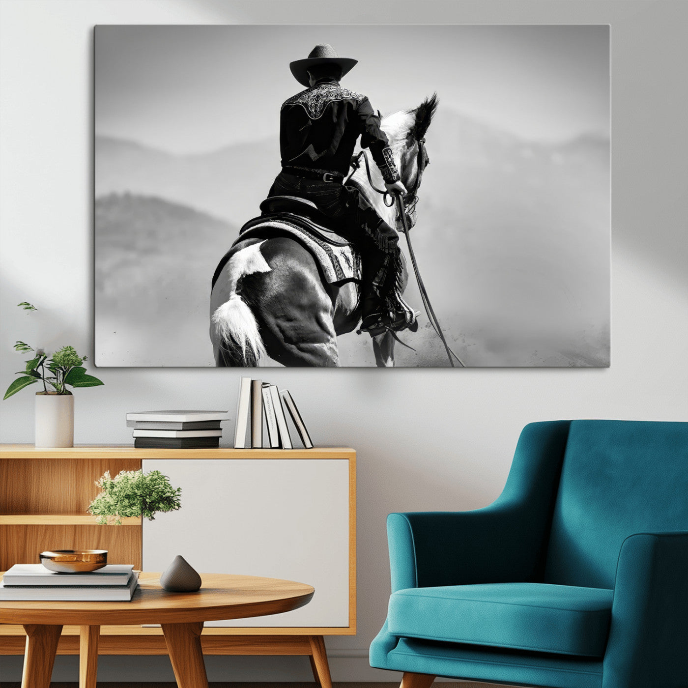 83102464-MGV-CV-36X24-Western Cowboy Wall Art Canvas Print, Framed Monochrome Horse Art Picture Print, Western Equestrian Perfect Rustic Western Decor