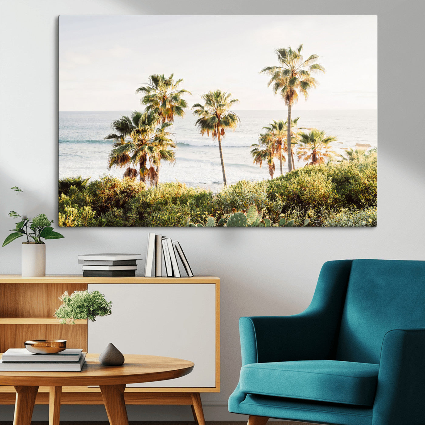 94707294-MGV-CV-36X24-California Coast Wall Art Canvas Print, Framed Palm Trees Art Picture Print, Coastal Landscape Perfect Coastal Minimalist Decor