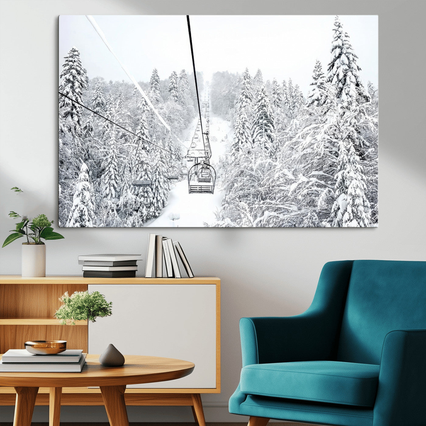 44705668-MGV-CV-36X24-Winter Forest Wall Art Canvas Print, Framed Snowy Forest Art Picture Print, Ski Lift Perfect Scandinavian Decor Artwork