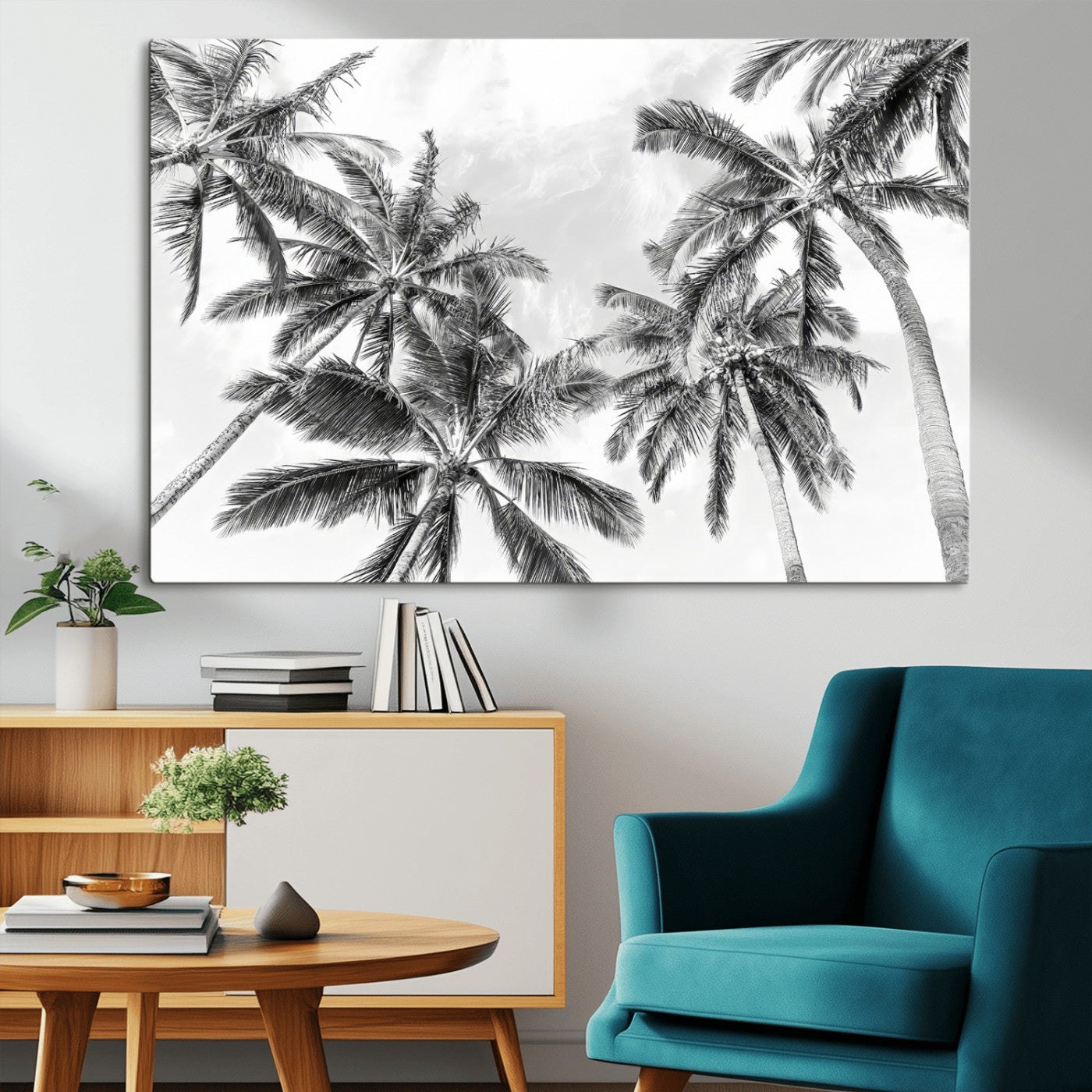 62113786-MGV-CV-36X24-Black White Palm Wall Art Canvas Print, Framed Monochrome Tropics Art Picture Print, Minimalist Beach Perfect Coastal Minimalist