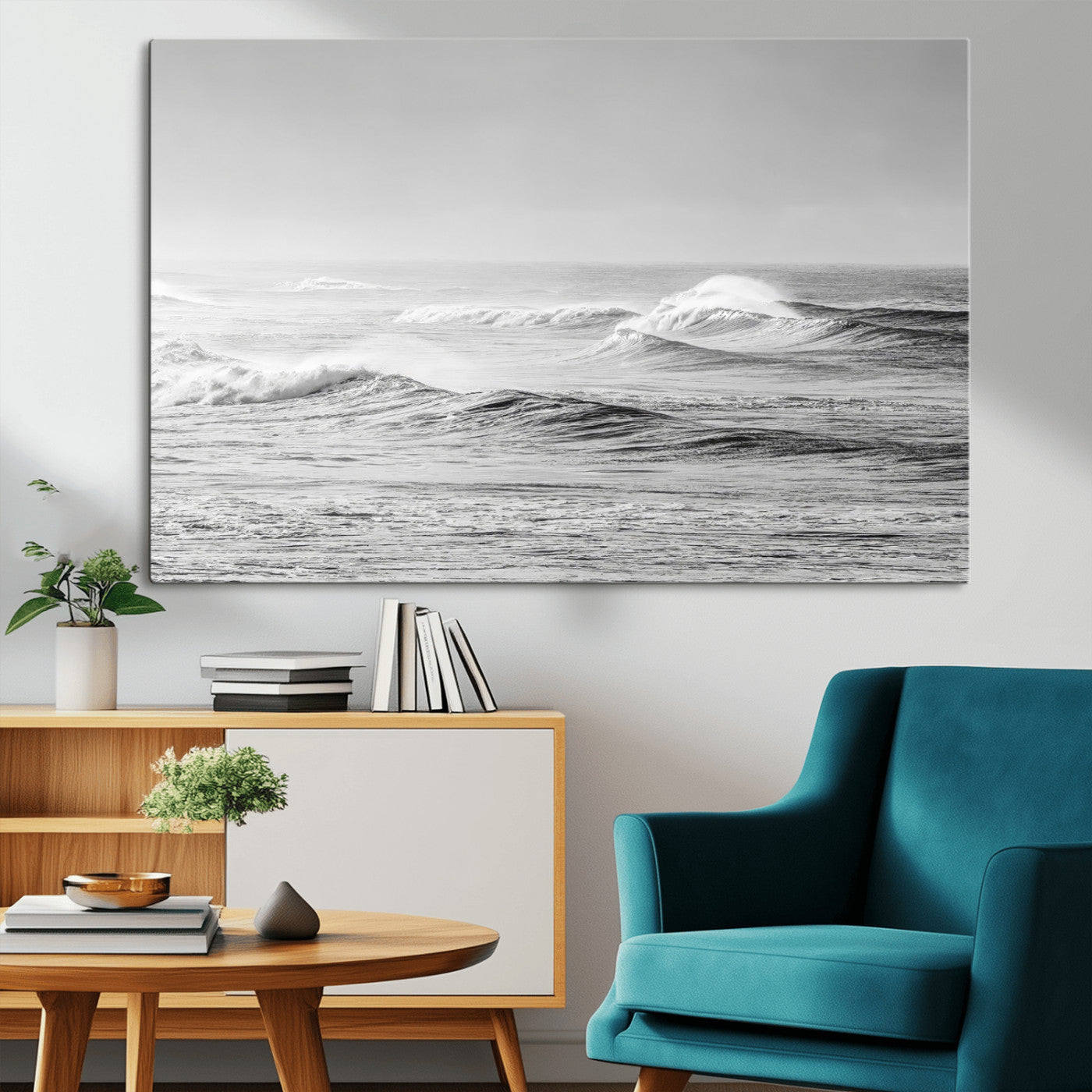 98634812-MGV-CV-36X24-Black and White Ocean Waves Wall Art – Minimalist Sea Canvas Print, Coastal Photography Decor for Living Room, Bedroom or Office