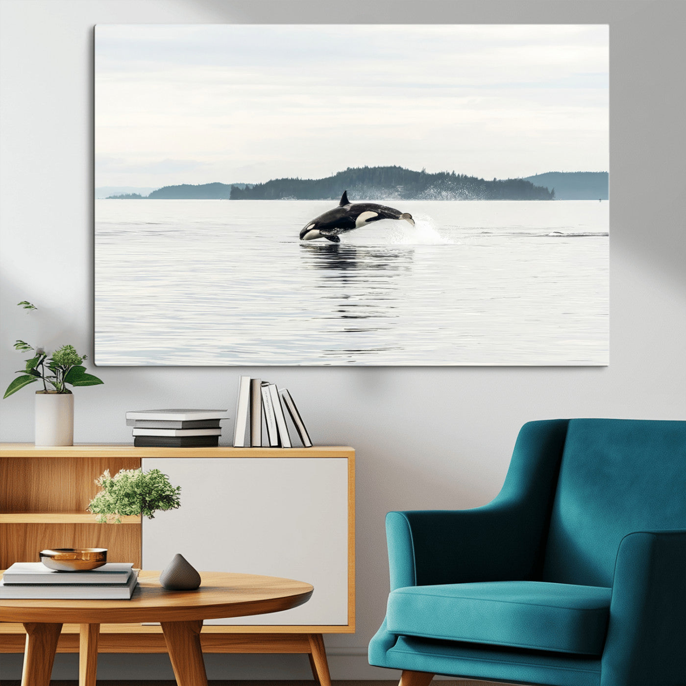 10157174-MGV-CV-36X24-Orca Whale Wall Art Canvas Print, Framed Black White Whale Art Picture Print, Minimalist Ocean Perfect Coastal Minimalist Decor