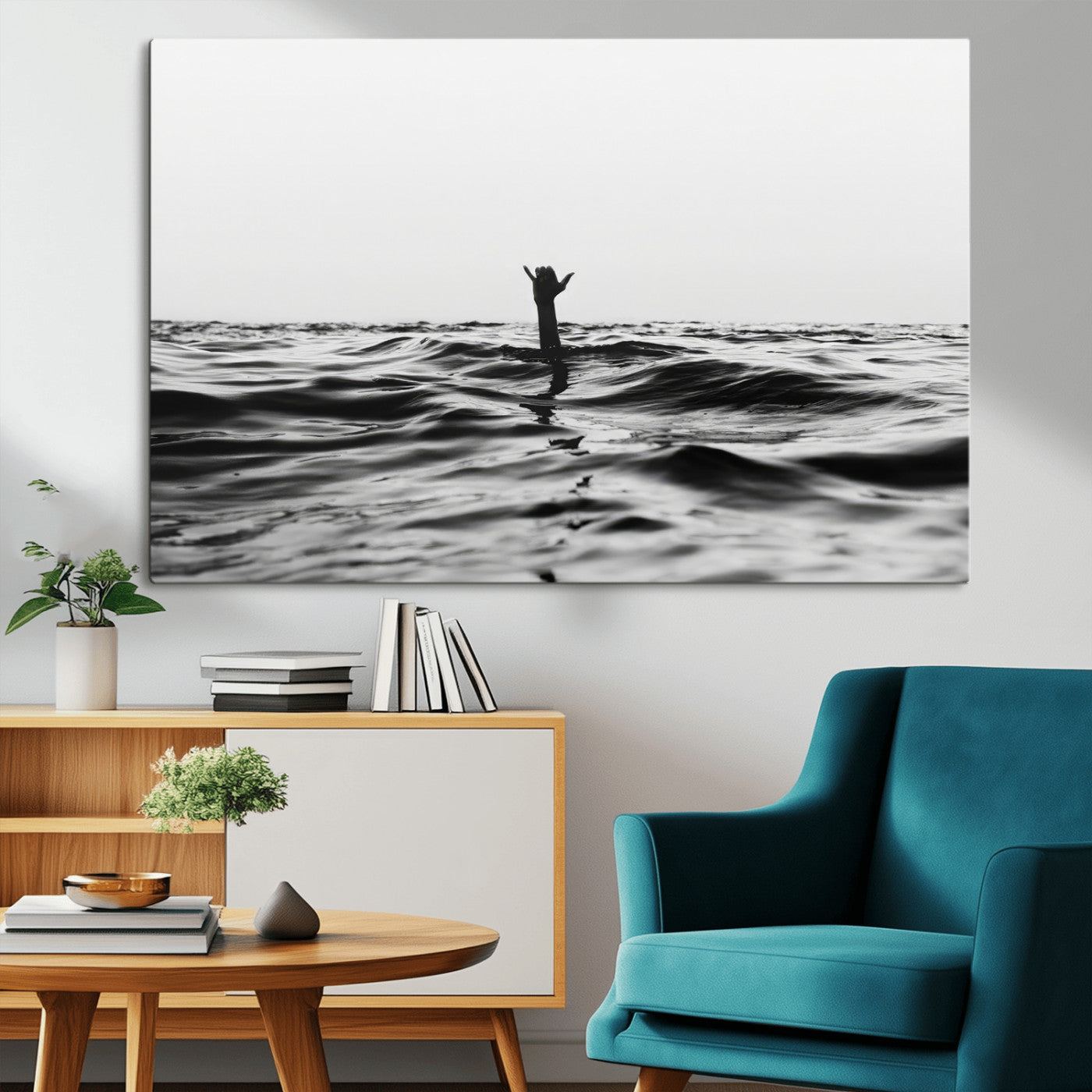 69541918-MGV-CV-36X24-Black White Ocean Wall Art Canvas Print, Framed Moody Seascape Art Picture Print, Surfer Sign Perfect Moody Minimalist Decor