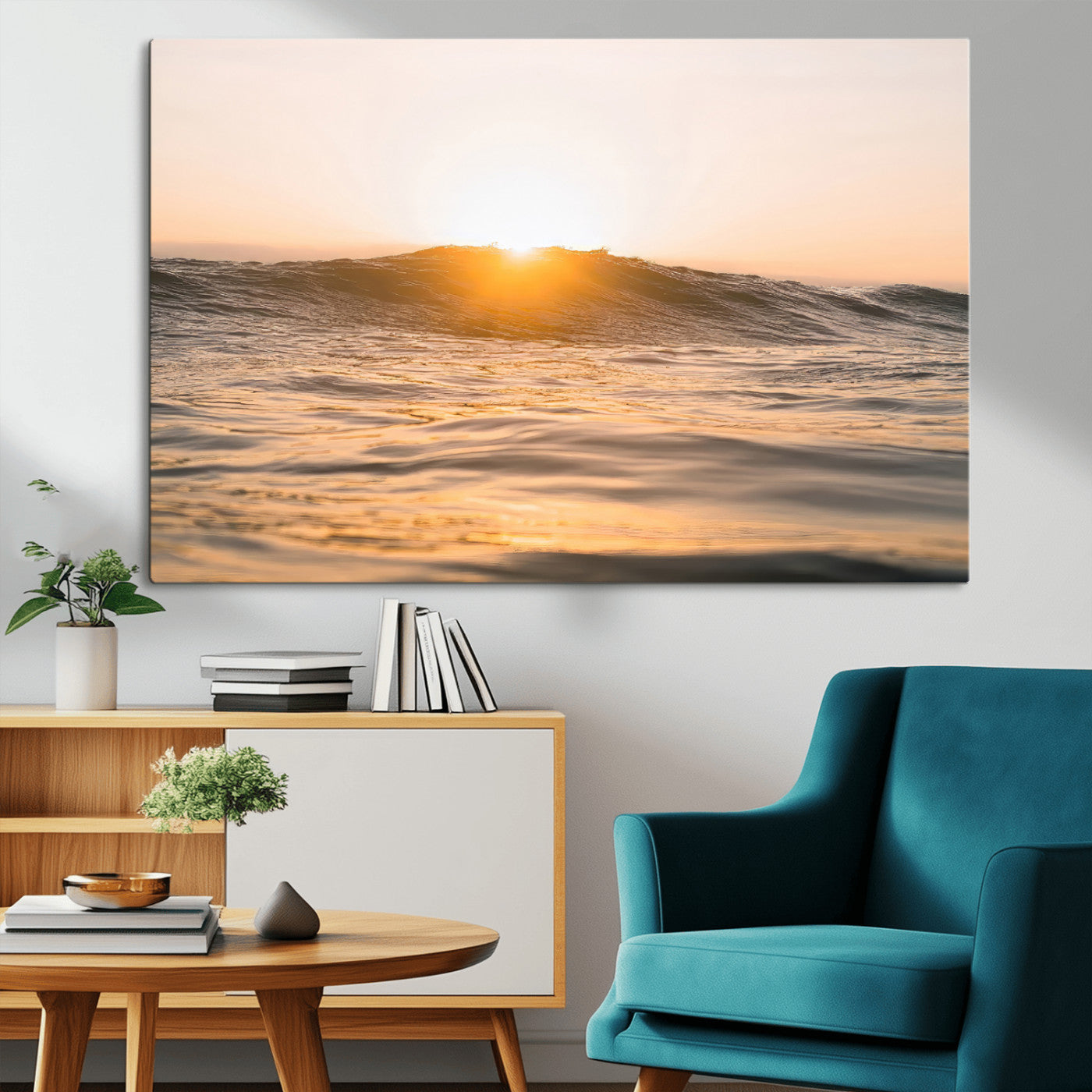 16973771-MGV-CV-36X24-Calm Water Wall Art Canvas Print, Framed Sunset Waves Art Picture Print, Coastal Warmth Perfect Warm Minimalist Decor Artwork