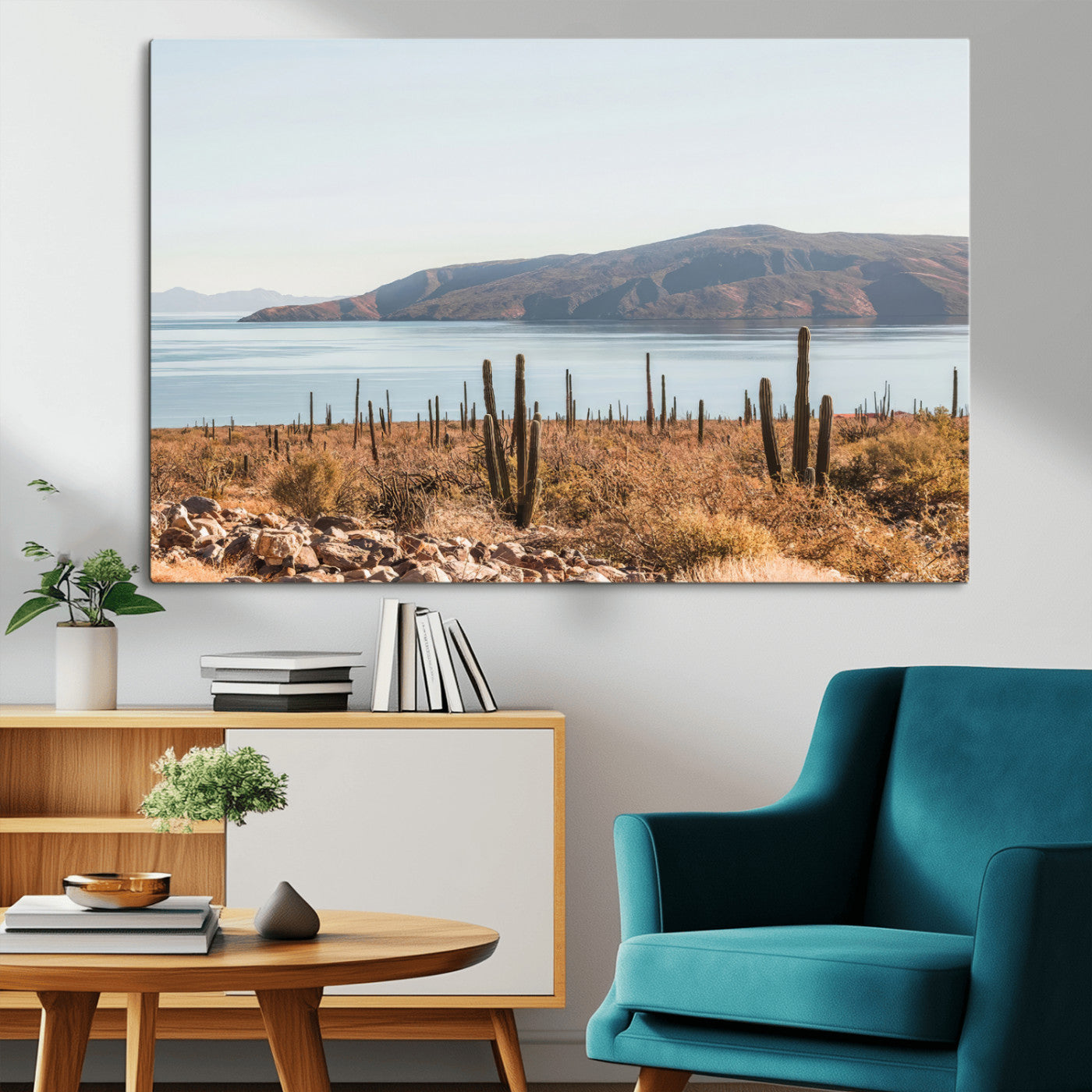 45193515-MGV-CV-36X24-Desert Cactus Wall Art Canvas Print, Framed Baja Coastline Art Picture Print, Coastal Desert Perfect Southwestern Minimalist Decor