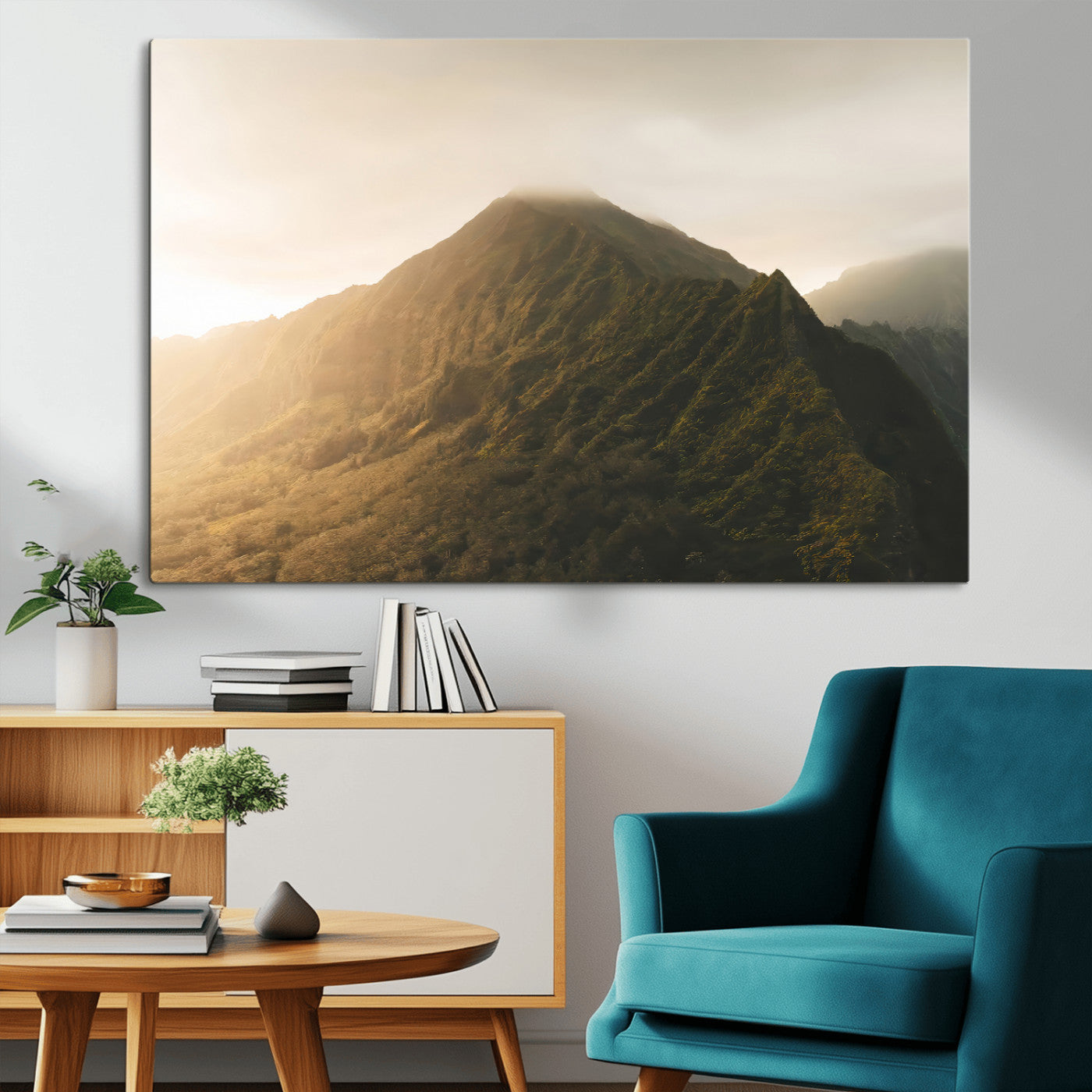 42338636-MGV-CV-36X24-Golden Mountain Wall Art Canvas Print, Framed Misty Summit Art Picture Print, Rugged Landscape Perfect Moody Wilderness Decor
