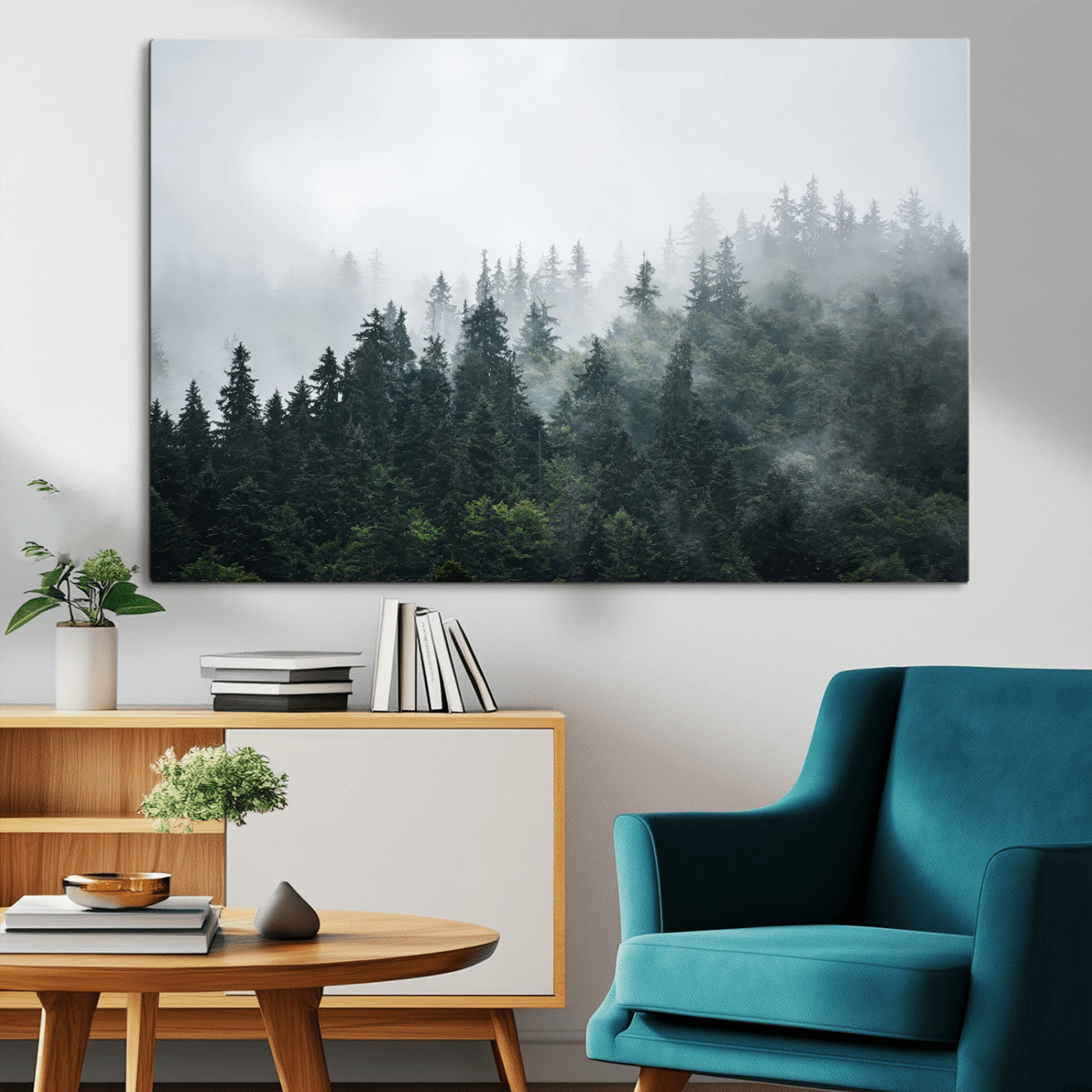 84146572-MGV-CV-36X24-Foggy Pine Trees Wall Art Canvas Print, Framed Forest Nature Art Picture Print, Evergreen Forest Perfect Scandinavian Minimalist