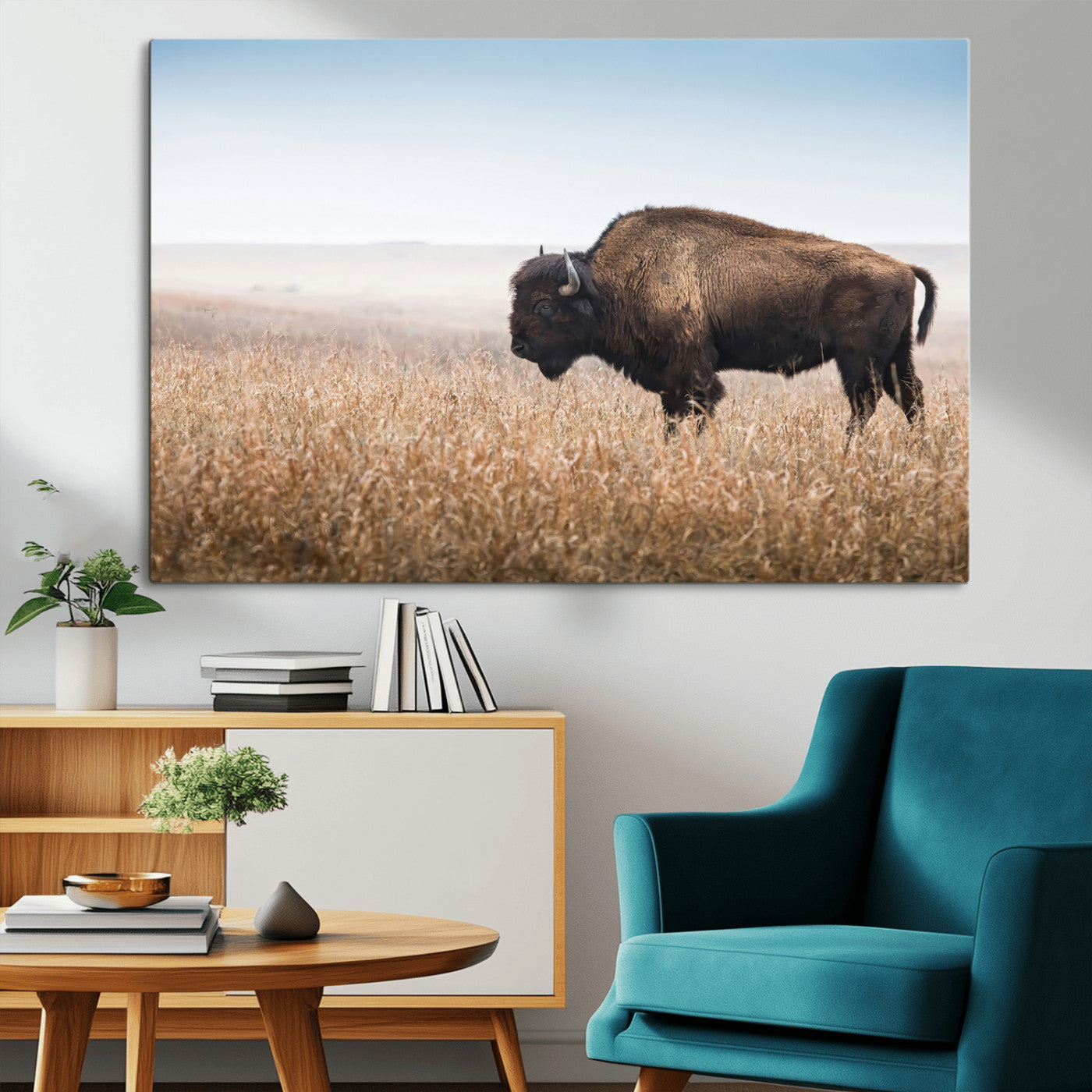 99620201-MGV-CV-36X24-Wild Bison Wall Art Canvas Print, Framed Bison in Prairie Art Picture Print, Rustic Western Perfect Rustic Western Decor Artwork