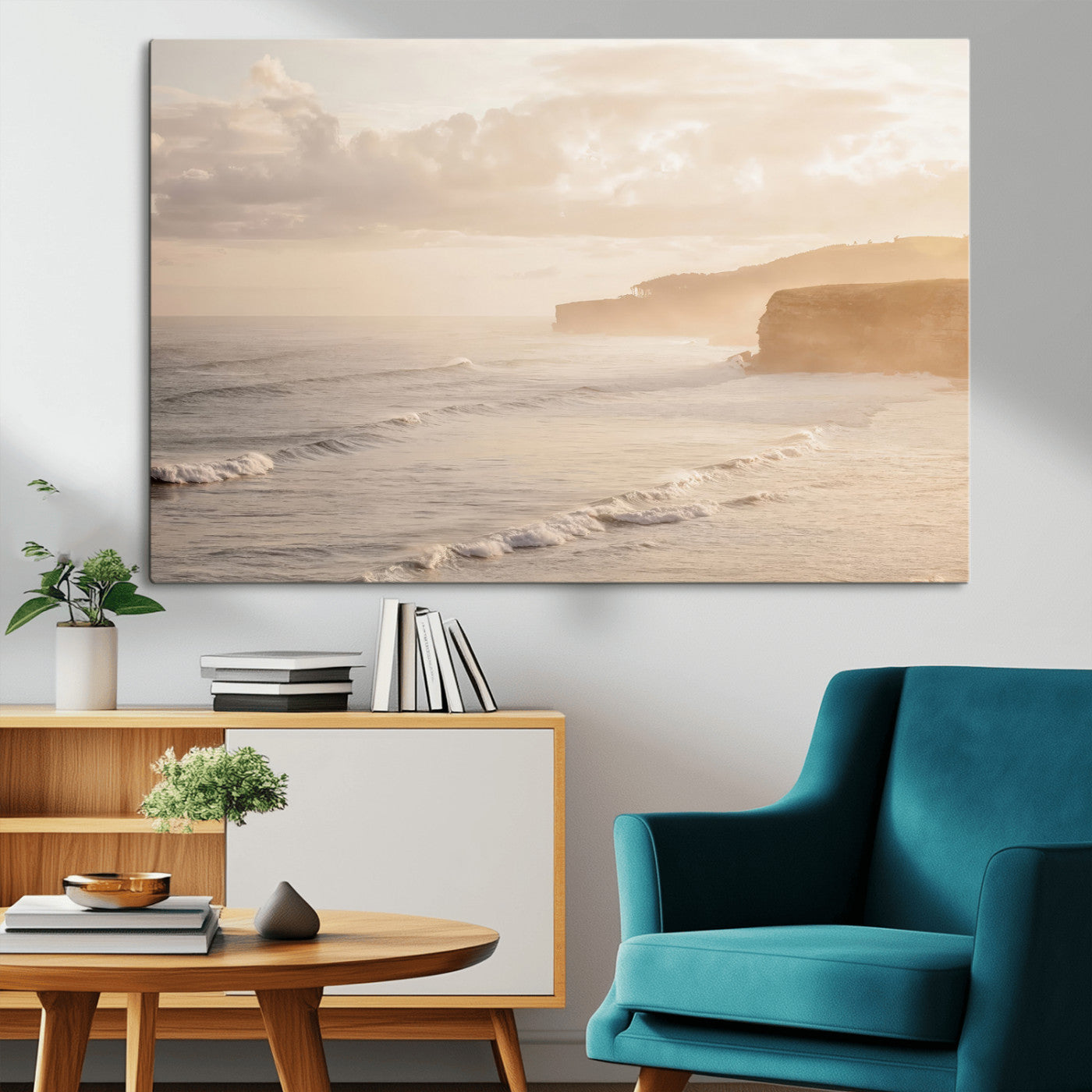 57669769-MGV-CV-36X24-Misty Coastal Wall Art Canvas Print, Framed Golden Sunset Art Picture Print, Serene Shoreline Perfect Tranquil Coastal Decor