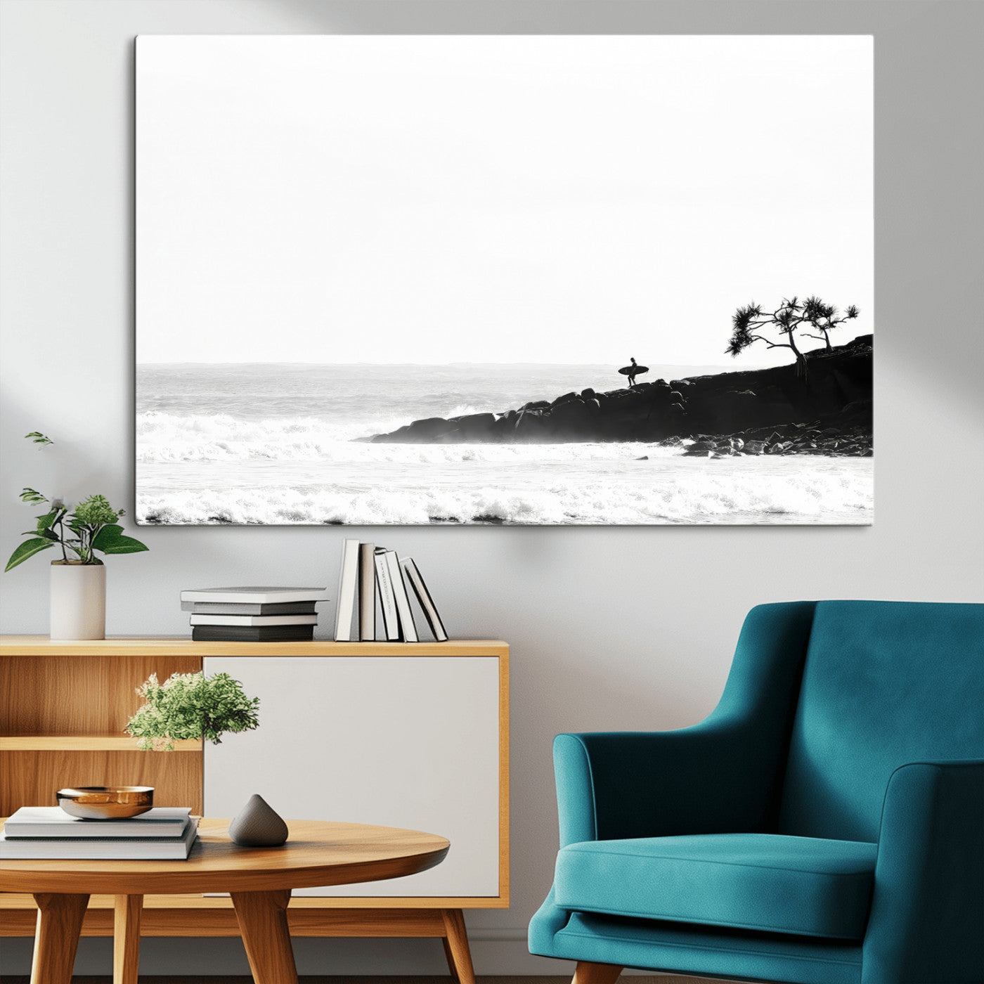 40875891-MGV-CV-36X24-SurferCliffs Wall Art Canvas Print, Framed Black White Beach Art Picture Print, Ocean Waves Perfect Minimalist Coastal Decor