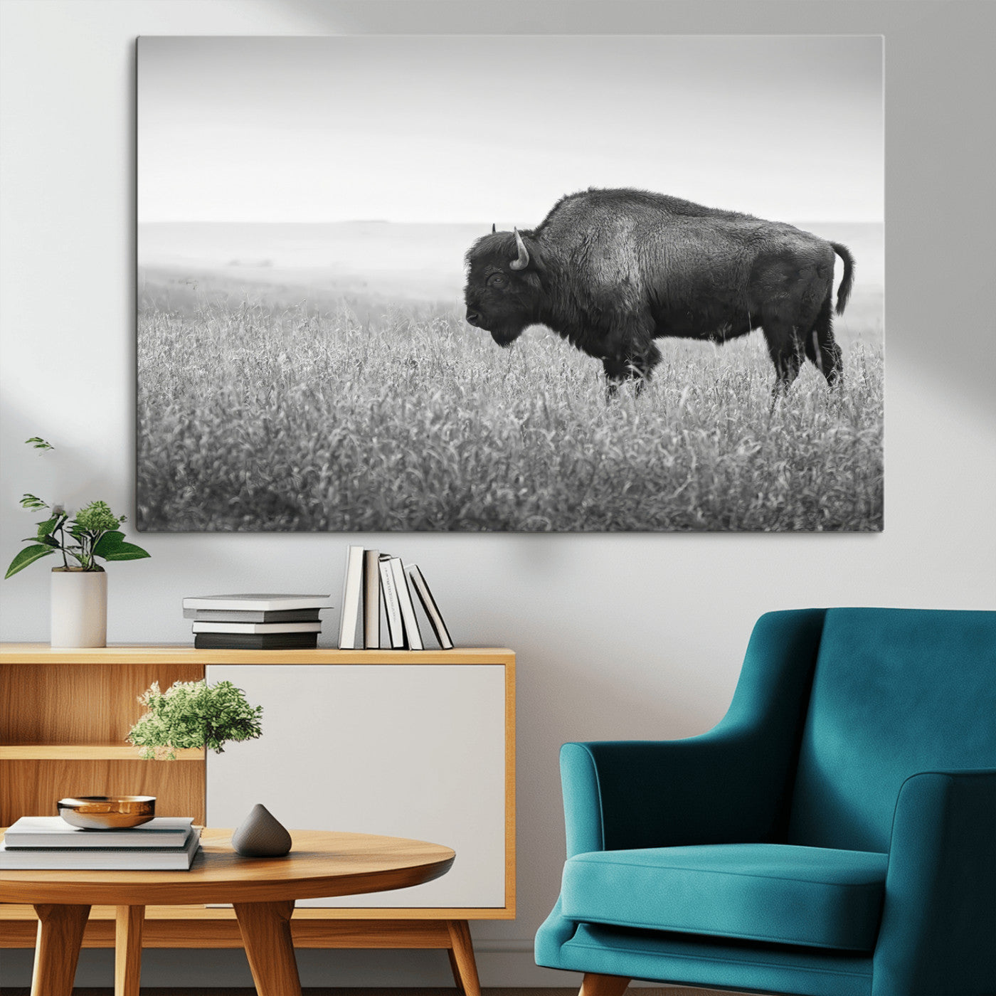 28435251-MGV-CV-36X24-Bison In Prairie Wall Art Canvas Print, Framed Rustic Wildlife Art Picture Print, Wild Buffalo Perfect Rustic Western Decor