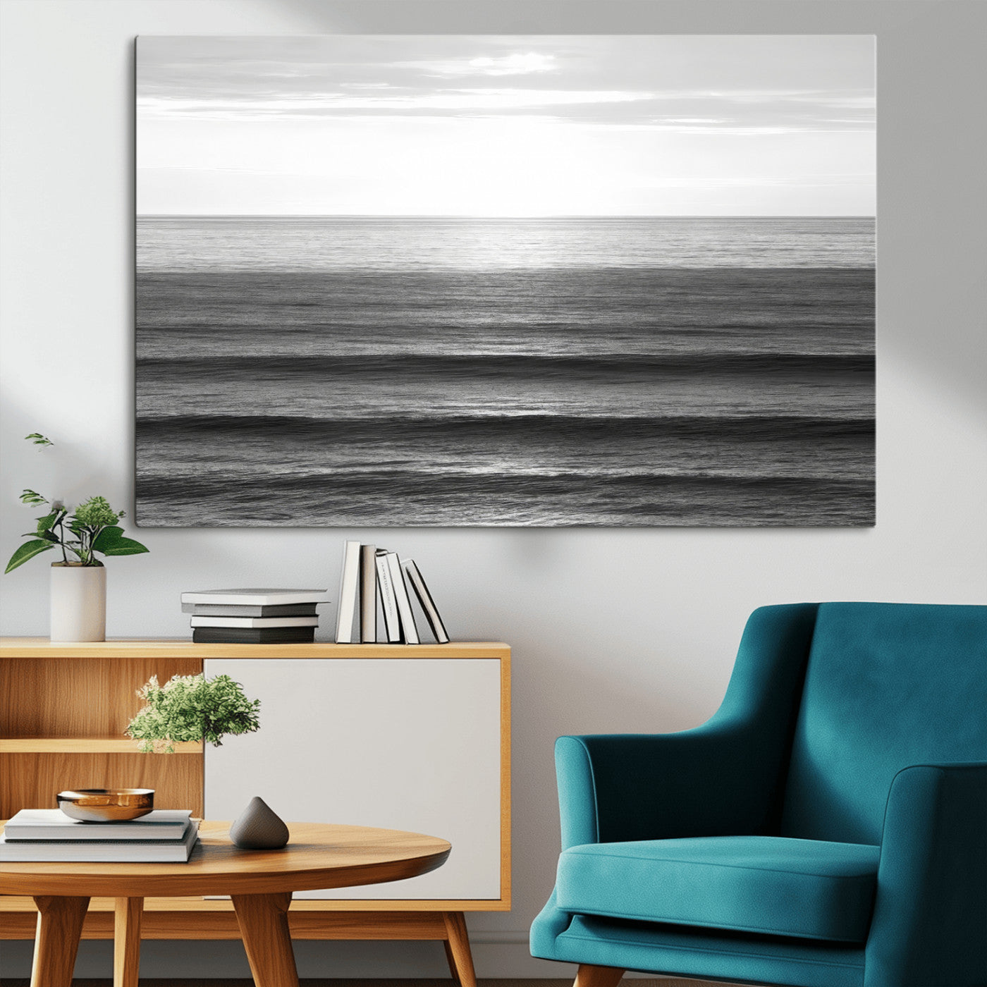 47305203-MGV-CV-36X24-Monochrome Ocean Wall Art Canvas Print, Framed Moody Ocean Art Picture Print, Calm Ocean Perfect Minimalist Coastal Decor Artwork