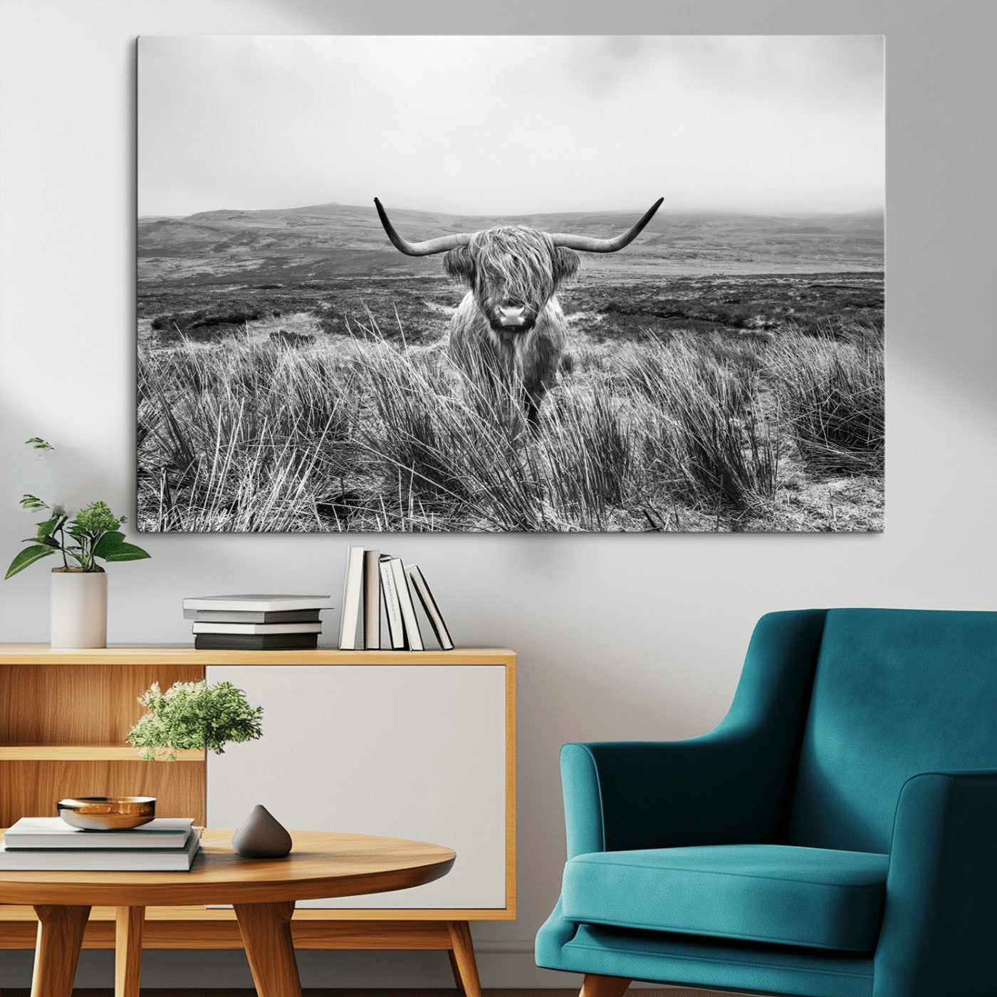 24051061-MGV-CV-36X24-Monochrome Highland Cow Wall Art Canvas Print, Framed Scottish Bull Art Picture Print, Lone Cattle Perfect Rustic Farmhouse Decor