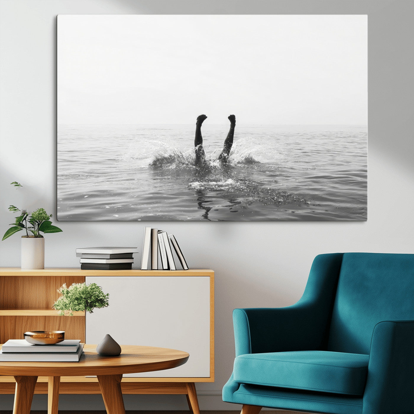 26667396-MGV-CV-36X24-Black White Ocean Wall Art Canvas Print, Framed Monochrome Water Art Picture Print, Diving into Water Perfect Minimalist Aquatic