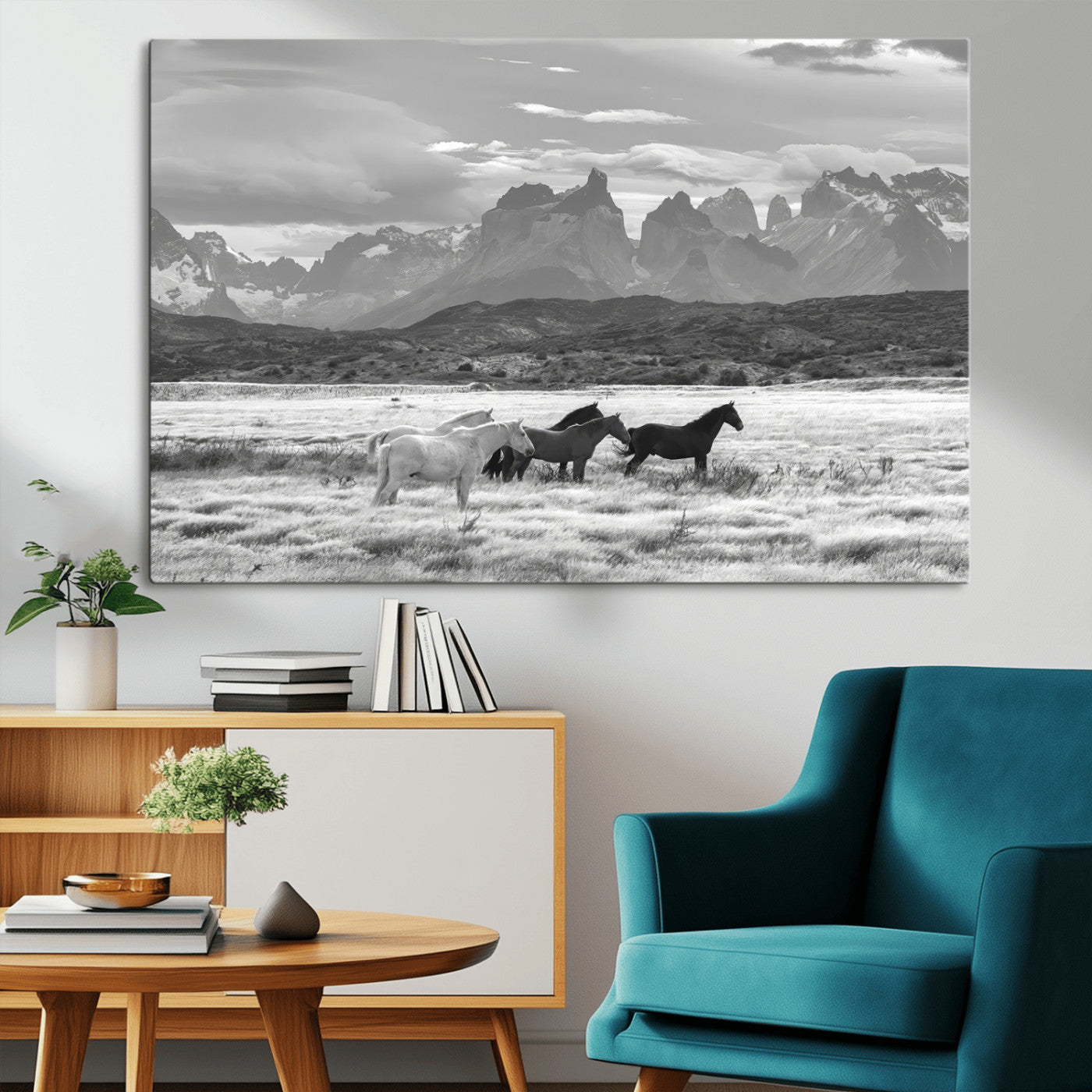 21655040-MGV-CV-36X24-Wild Horses Wall Art Canvas Print, Framed Black White Mountains Art Picture Print, Rustic Countryside Perfect Rustic Western Decor