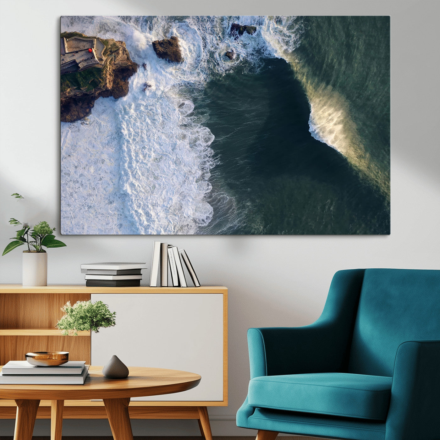 37405684-MGV-CV-36X24-Nazare Coast Wall Art Canvas Print, Framed Aerial Ocean Art Picture Print, Coastal Fortress Perfect Dramatic Coastal Decor Artwork